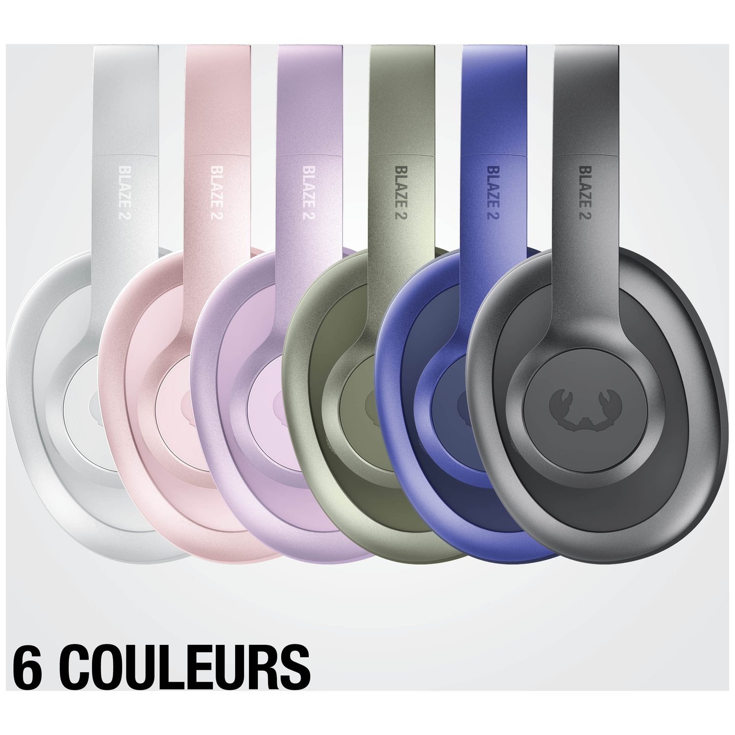 Six écouteurs de différentes couleurs : blanc, rose, violet, vert, bleu et gris.