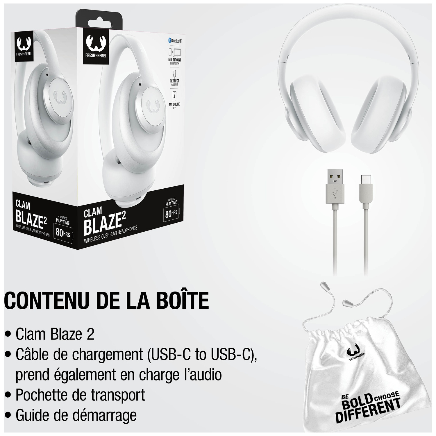 Casque blanc supra-auriculaire, câble de chargement et pochette.