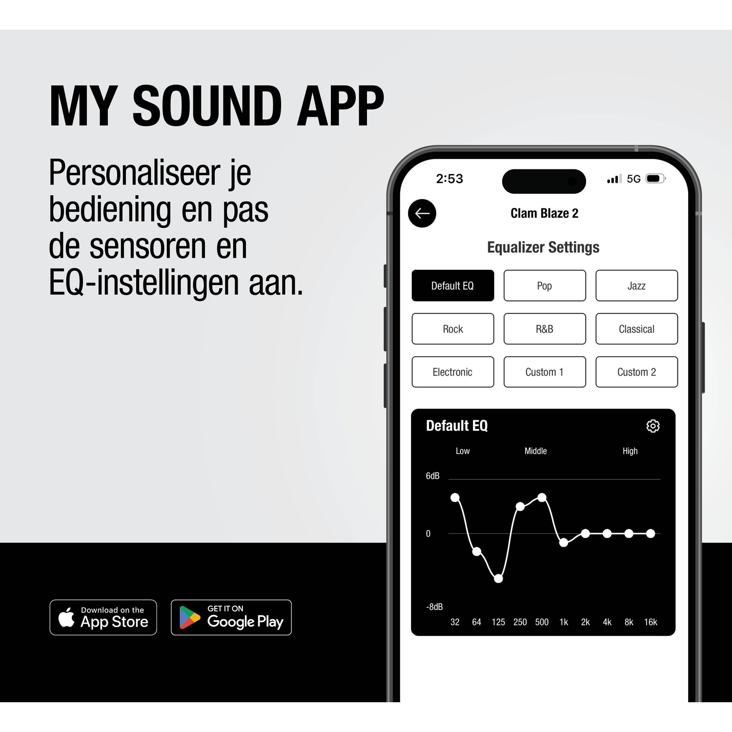 App screen showing EQ settings for Clam Blaze 2, with download buttons.