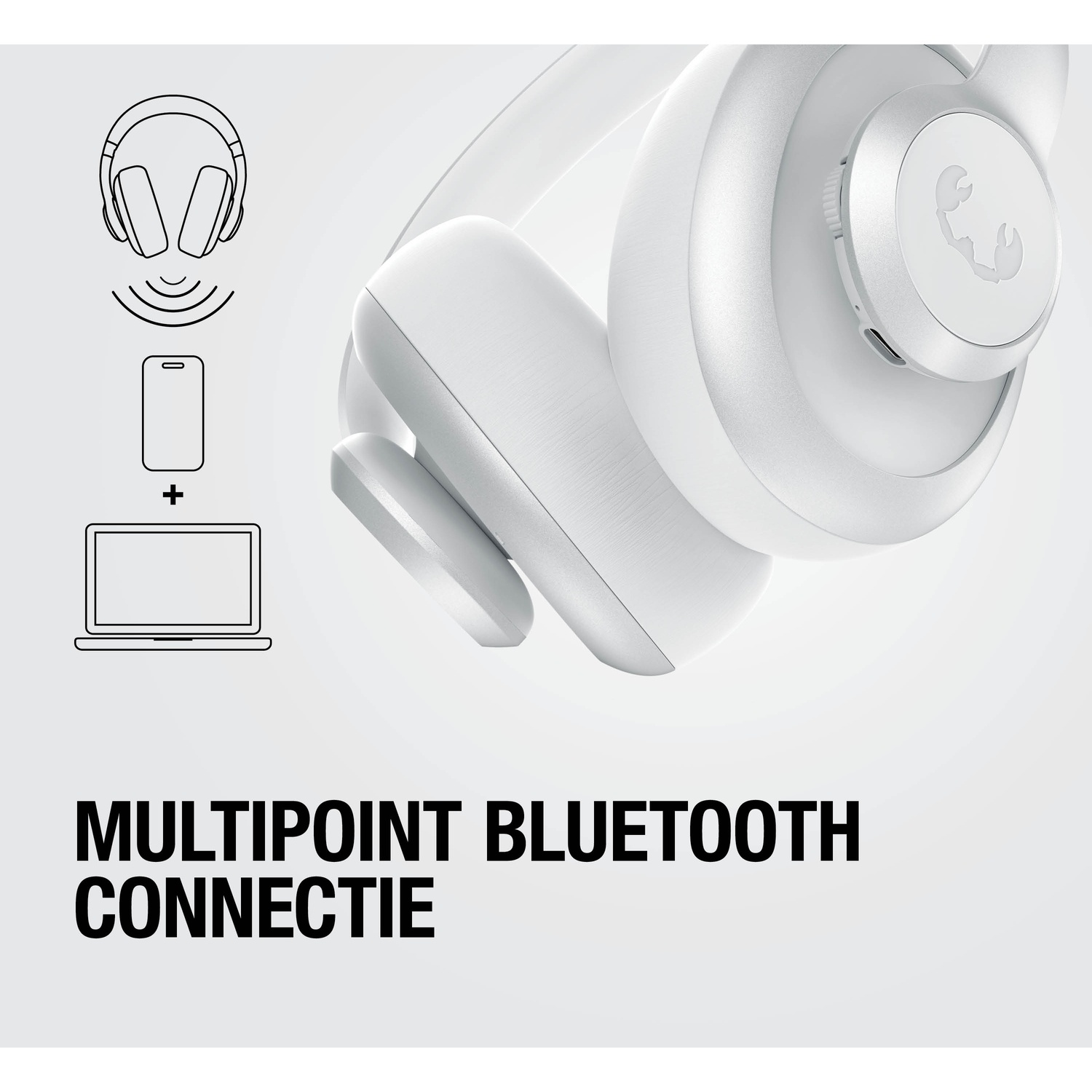 White headphones with Bluetooth symbols, smartphone, and laptop.