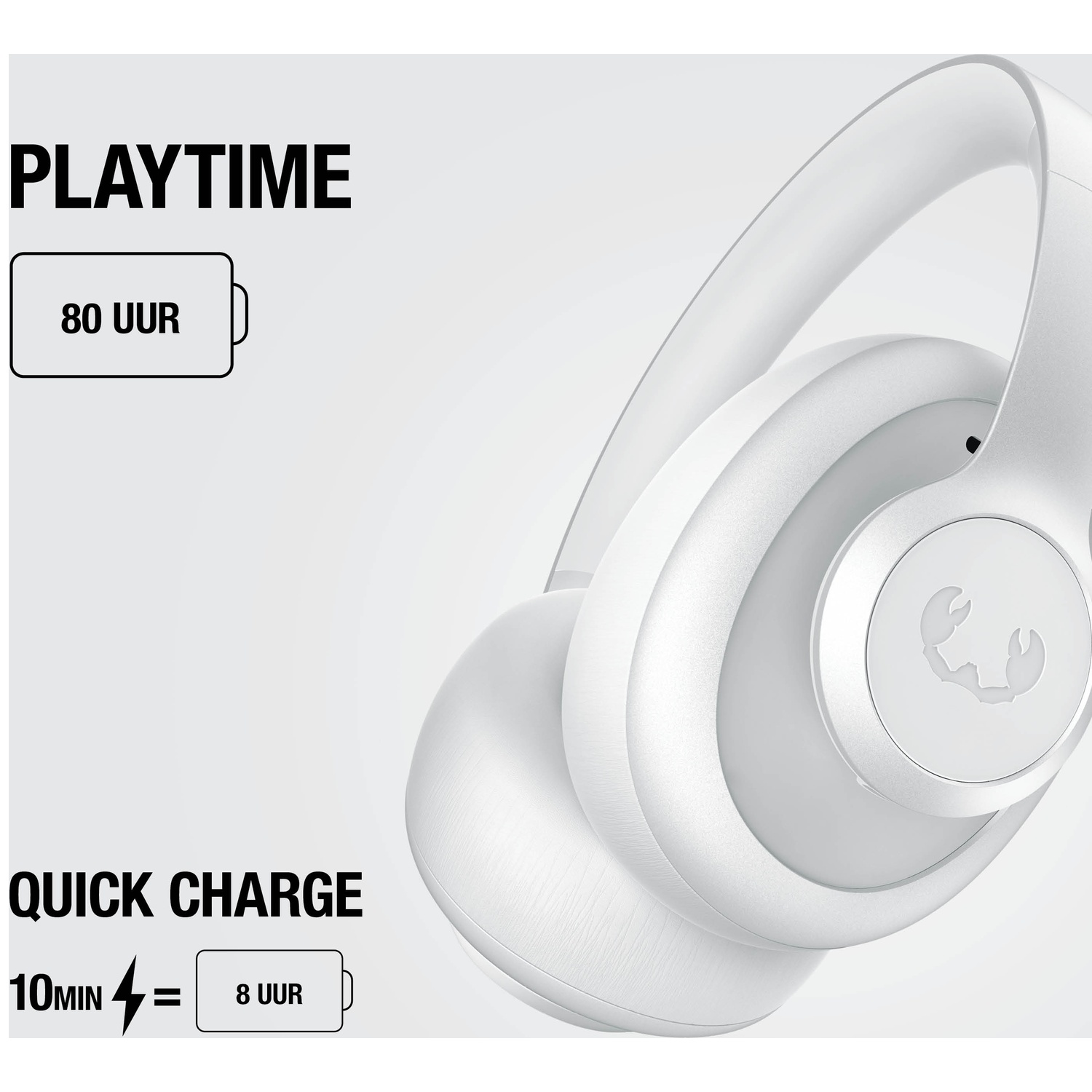 White headphones with PLAYTIME 80 HOURS and QUICK CHARGE 10 MIN = 8 HOURS.