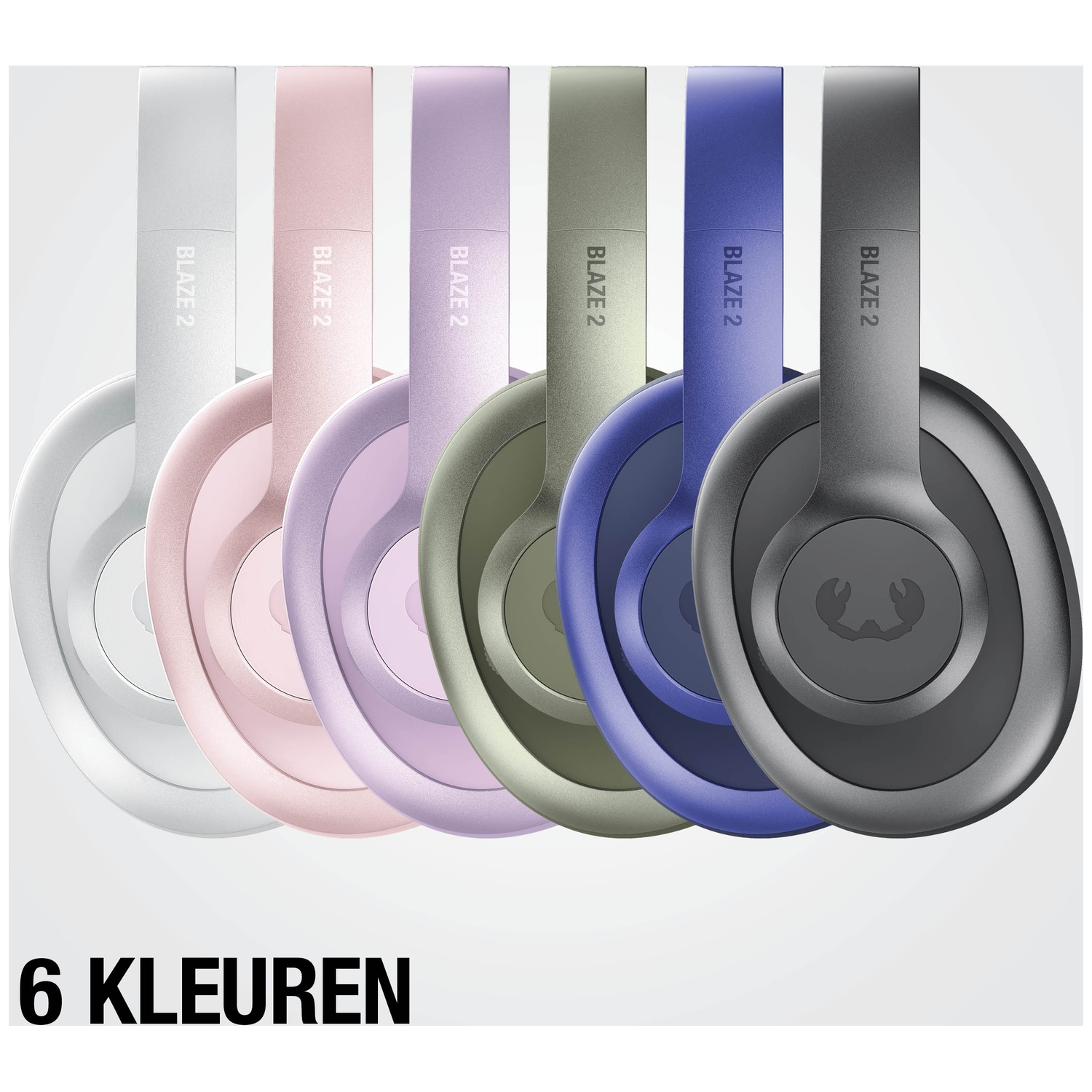 Six headphones in various colors: white, pink, purple, green, blue, and black.