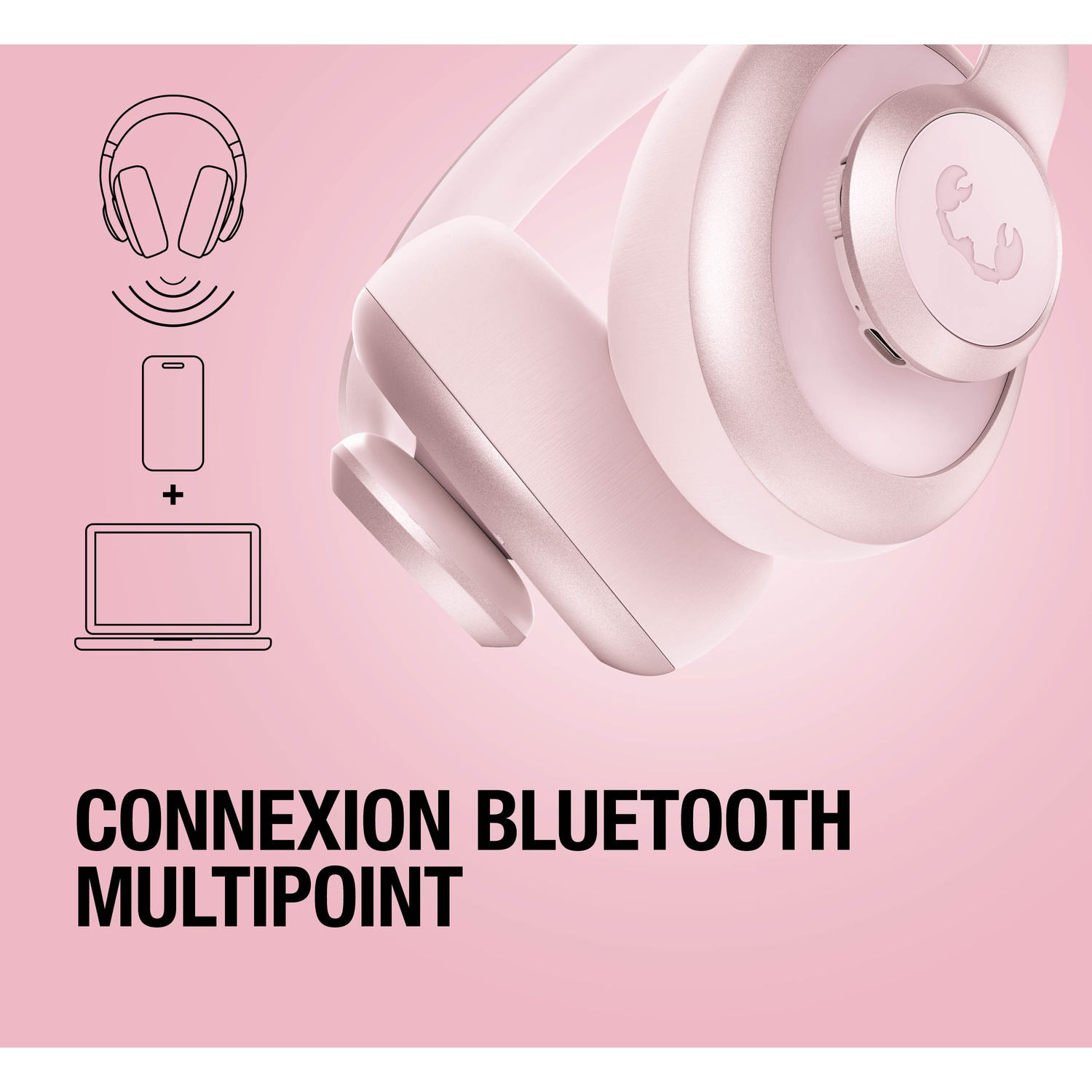 Casque rose avec icônes de connexion Bluetooth pour téléphone et ordinateur.