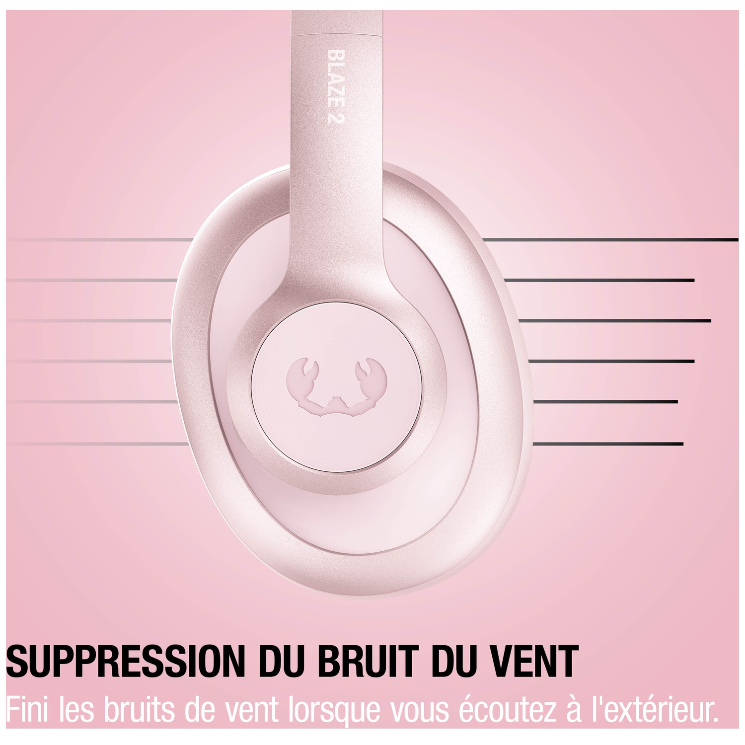 Un casque rose avec le texte BLAZE 2 et suppression du bruit du vent.