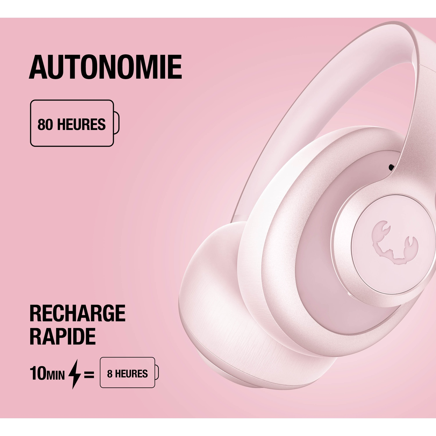 Casque rose avec 80 heures d'autonomie et charge rapide.
