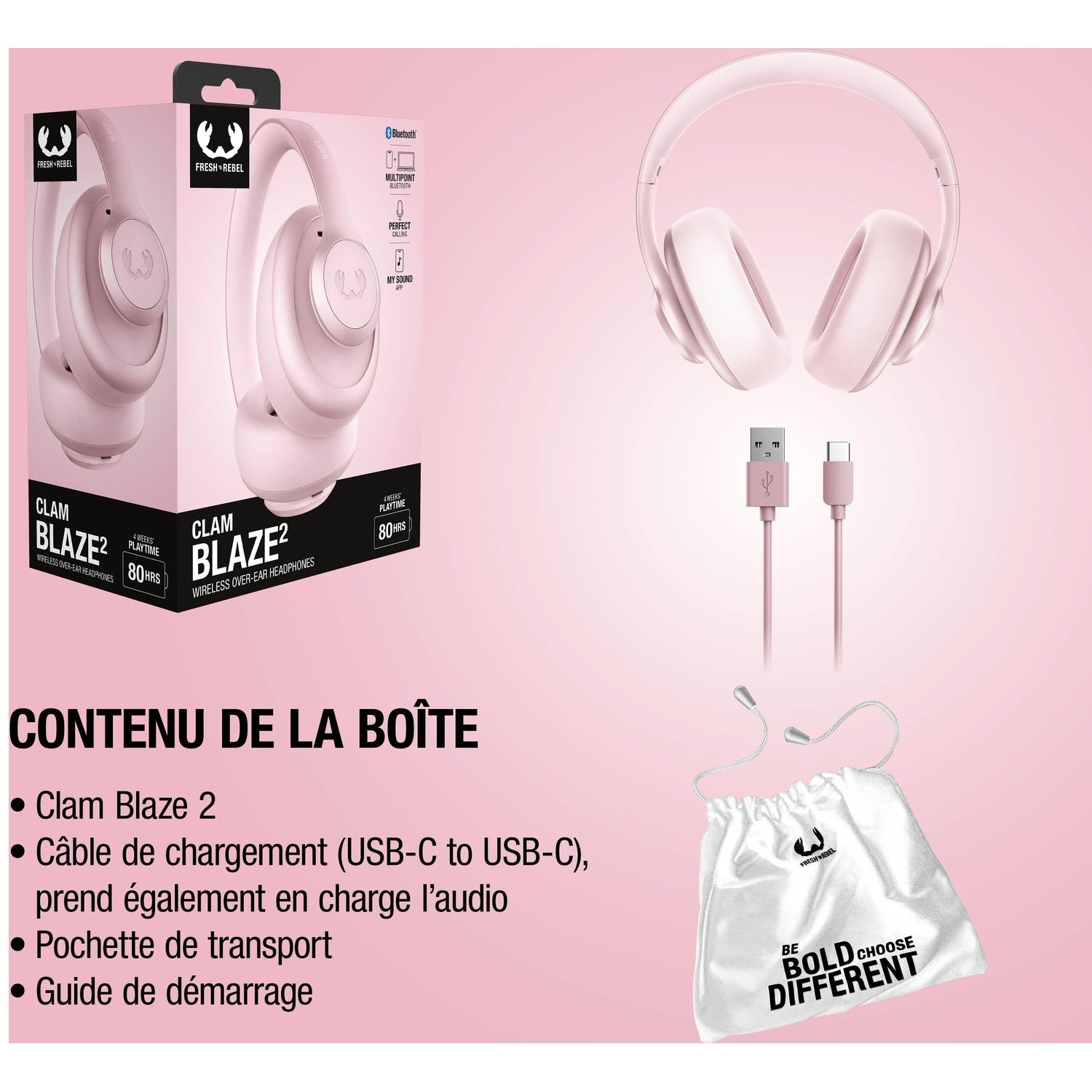 Casque rose avec câble de chargement et pochette. Inclut casque, câble, pochette, guide.
