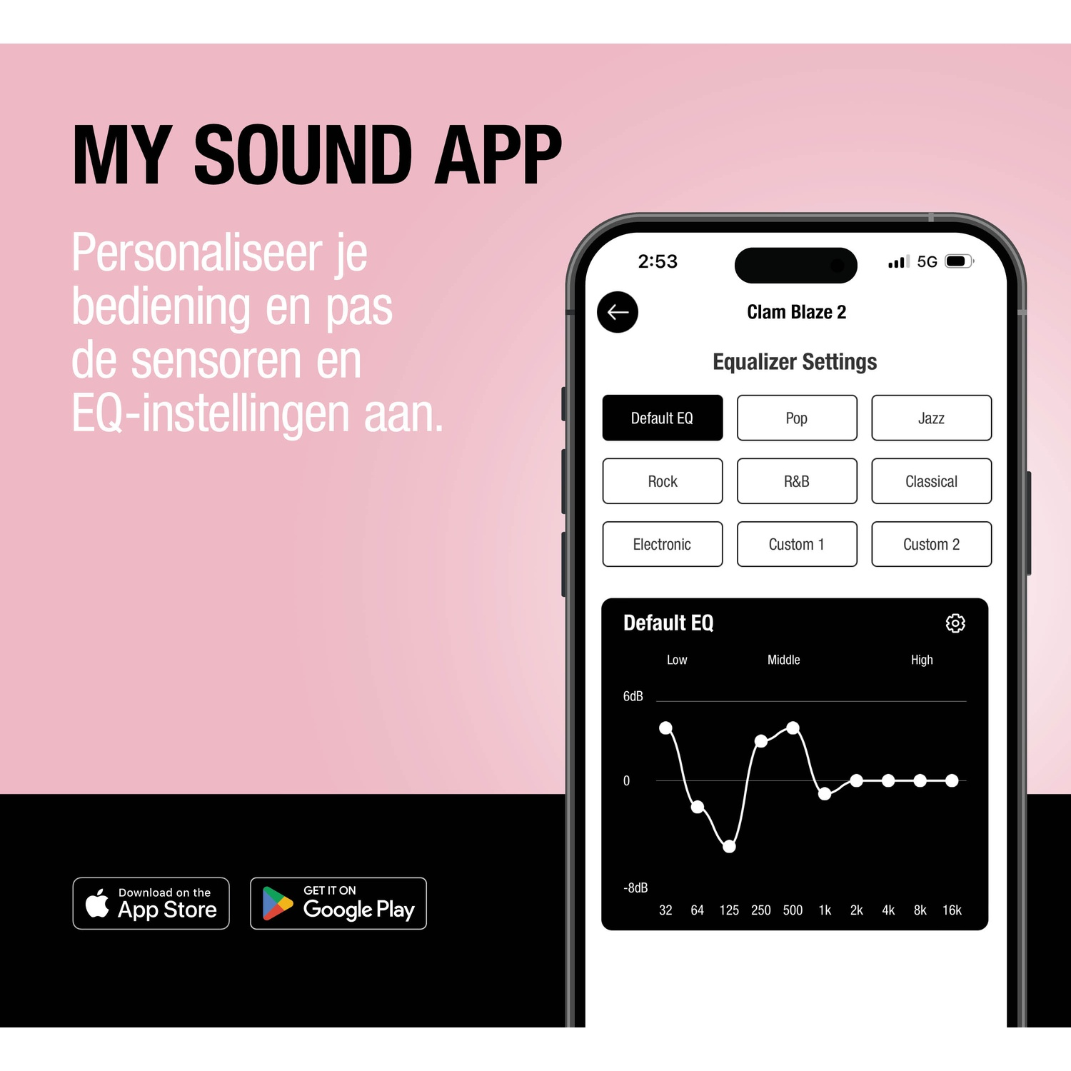 App screen showing EQ settings and audio curve. Includes App Store logos.