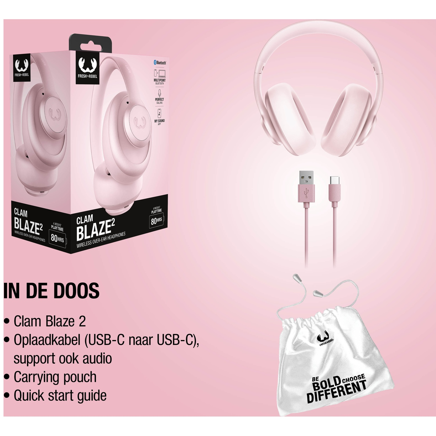 Pink headphones with cables and pouch on a pink background.
