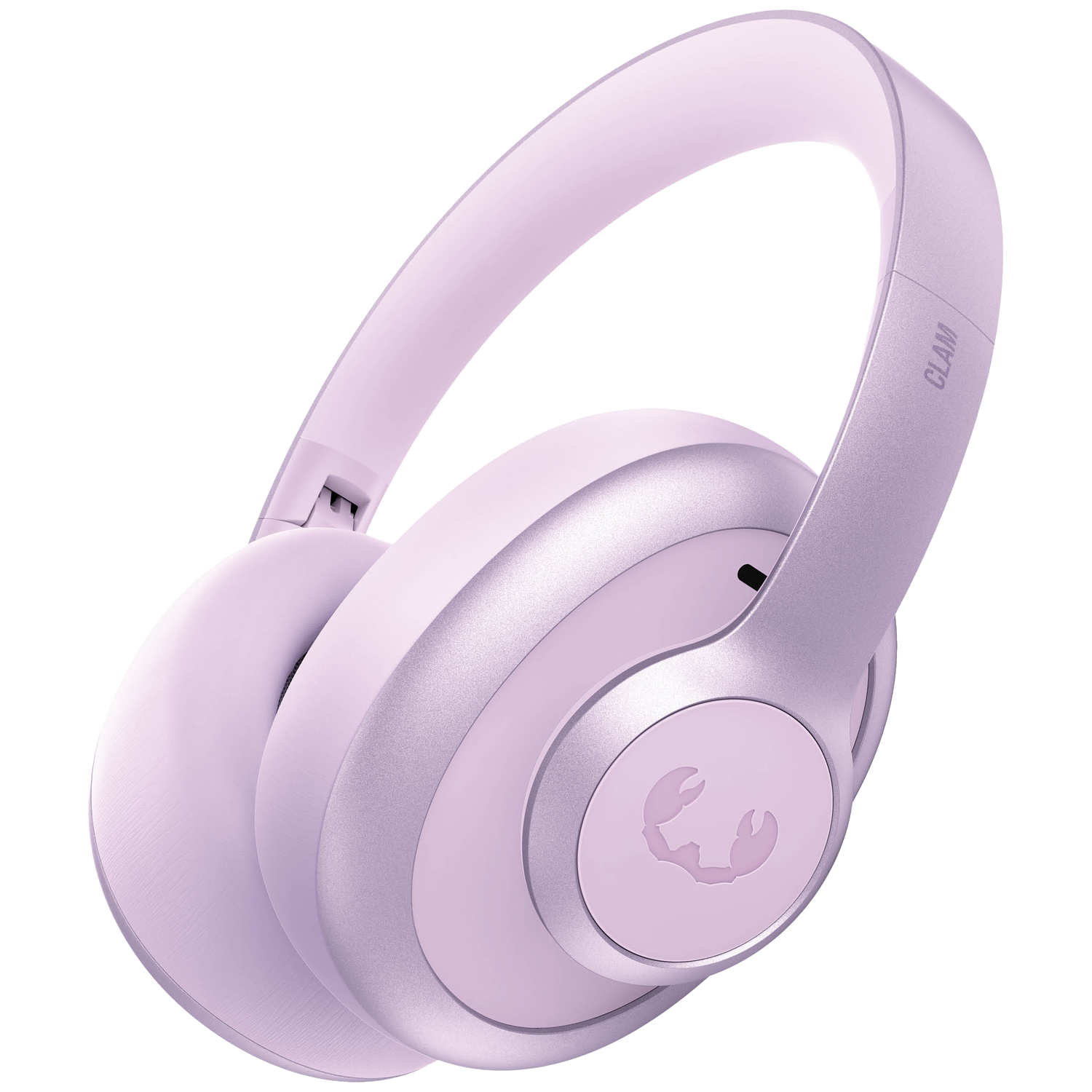 Lavendelkleurige koptelefoon met zilveren hoofdband en clam-logo.