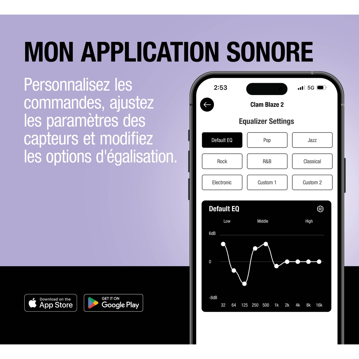 Écran d'application montrant les réglages de l'égaliseur, la courbe EQ et les boutons de téléchargement.