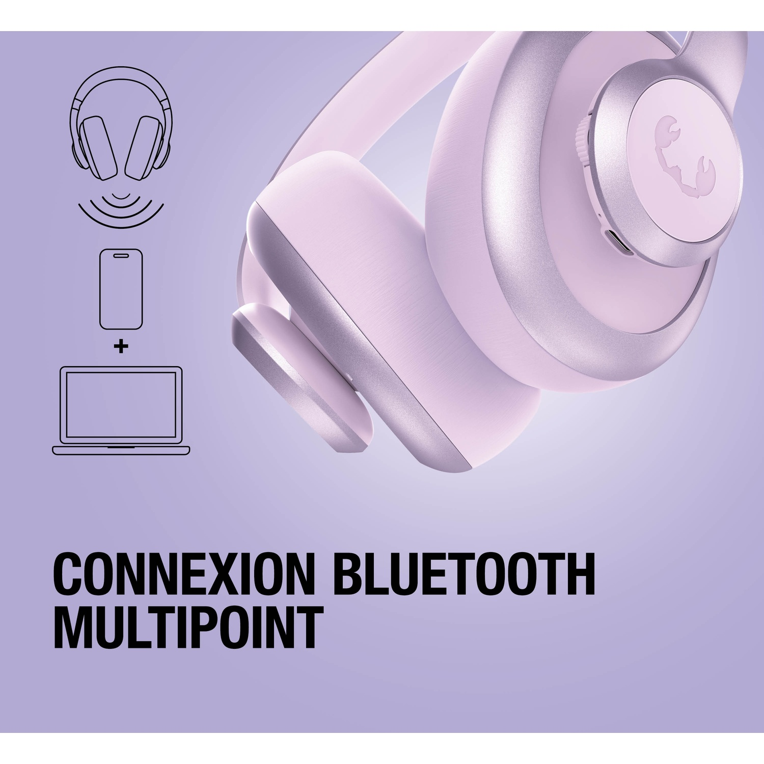Gros plan de casque lavande avec symboles Bluetooth et appareils.