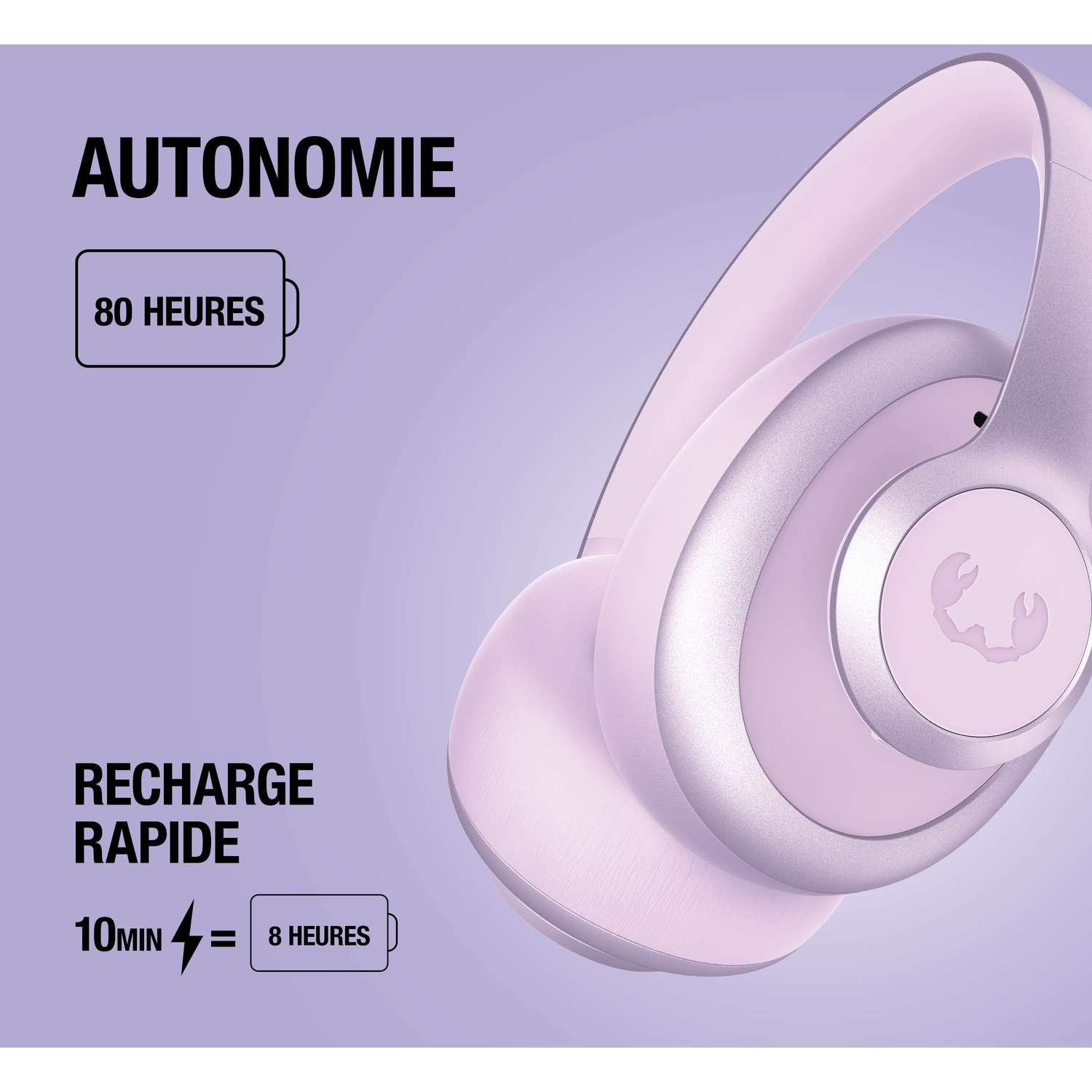 Casque violet avec 80h d'autonomie et charge rapide.
