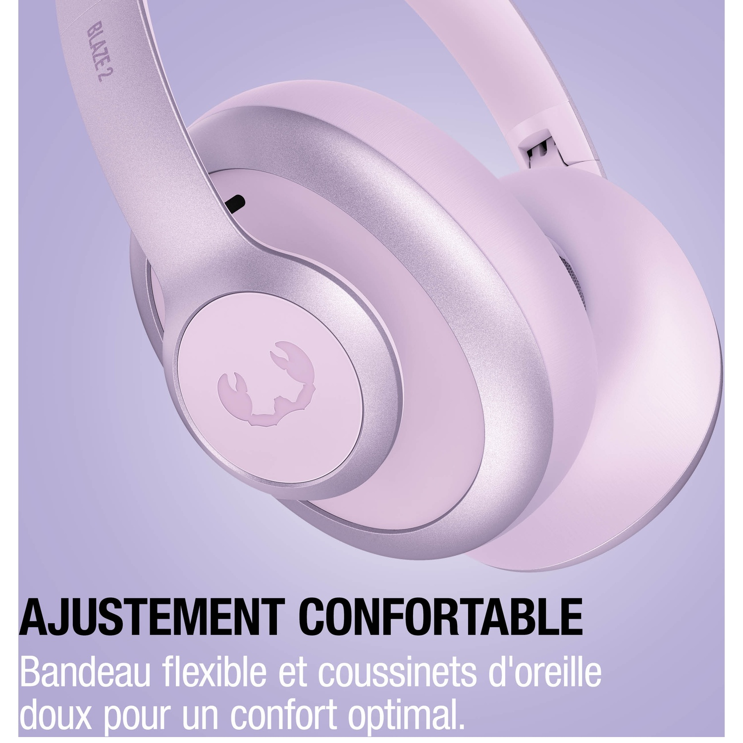 Lavendelkleurige koptelefoon met verstelbare hoofdband en logo.