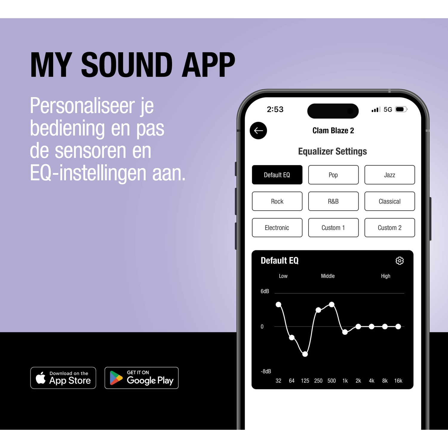 App-scherm met EQ-instellingen en downloadknoppen voor App Store en Google Play.
