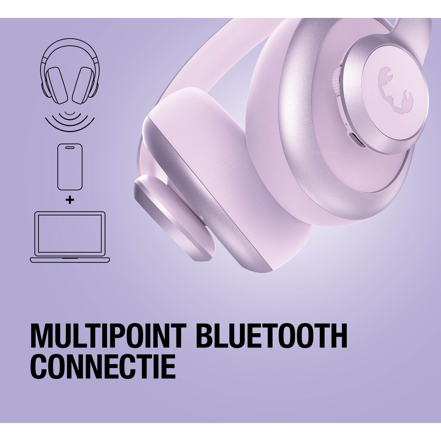 Paarse koptelefoon met Bluetooth-iconen en laptop/telefoon-iconen.