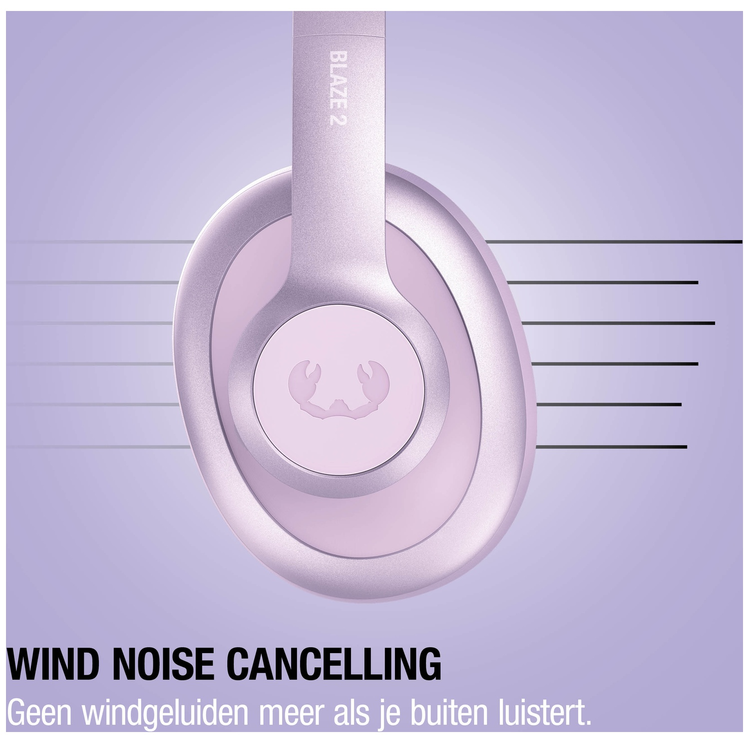 Een roze koptelefoon met ruisonderdrukking. Tekst: WIND NOISE CANCELLING.