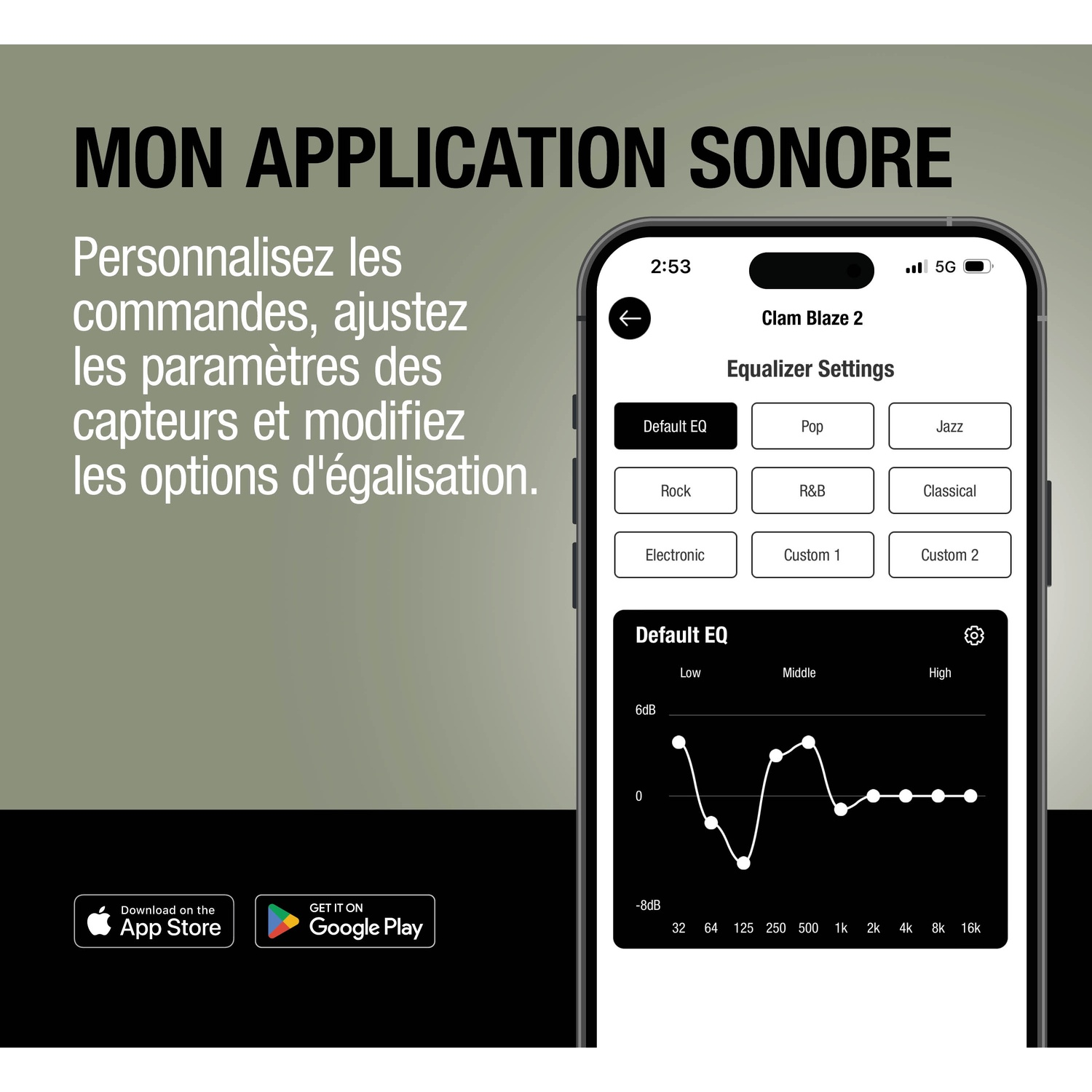 App-scherm met equalizerinstellingen, EQ-curve en downloadknoppen.