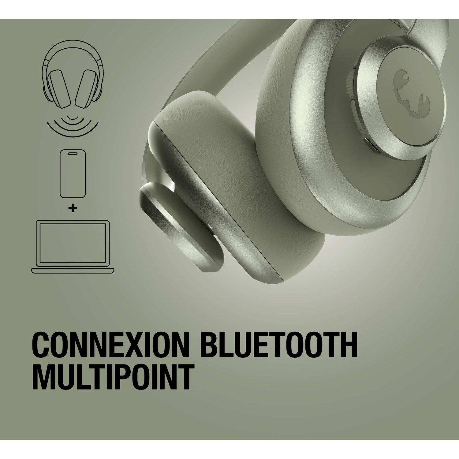 Casque gris avec symboles Bluetooth, téléphone et ordinateur portable.
