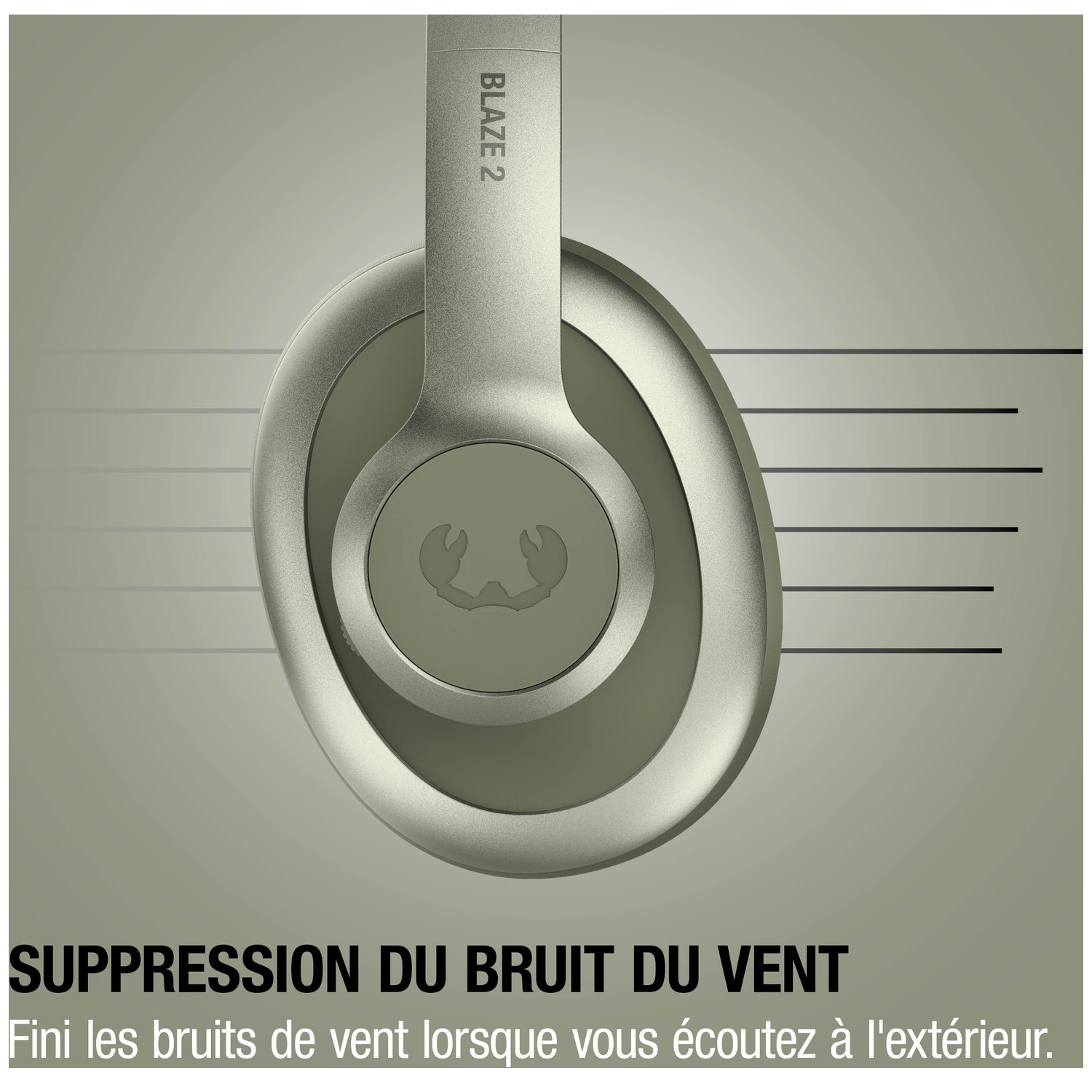 Casque argenté avec texte "BLAZE 2". Suppression du bruit du vent.