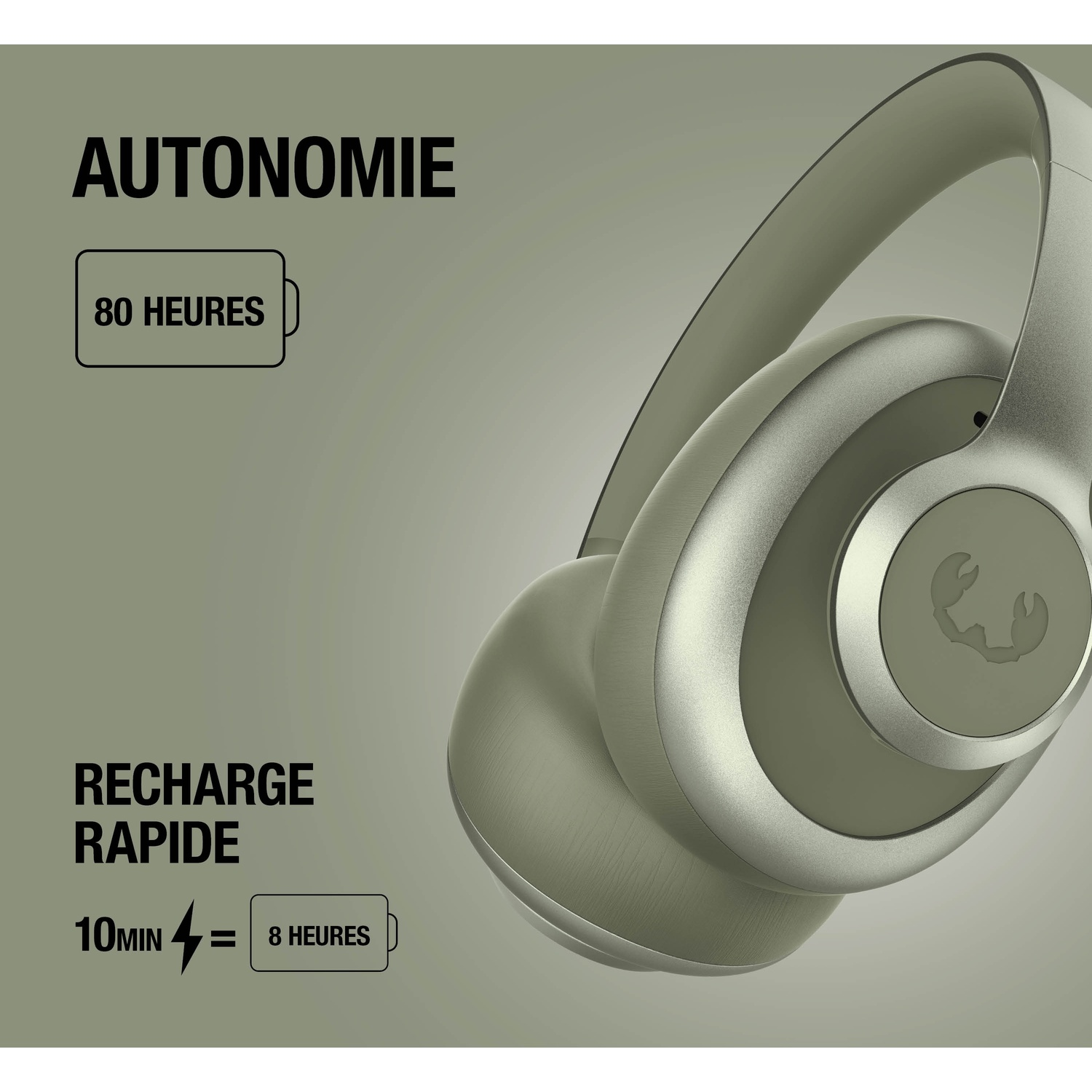 Casque gris avec texte : 80 heures d'autonomie, 10 min charge = 8 heures.