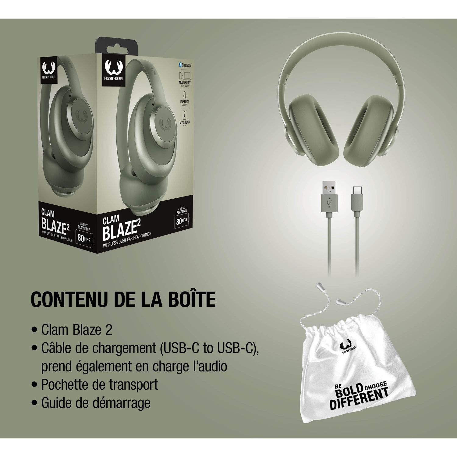Casque vert avec câble de chargement et pochette. Boîte produit avec détails techniques.