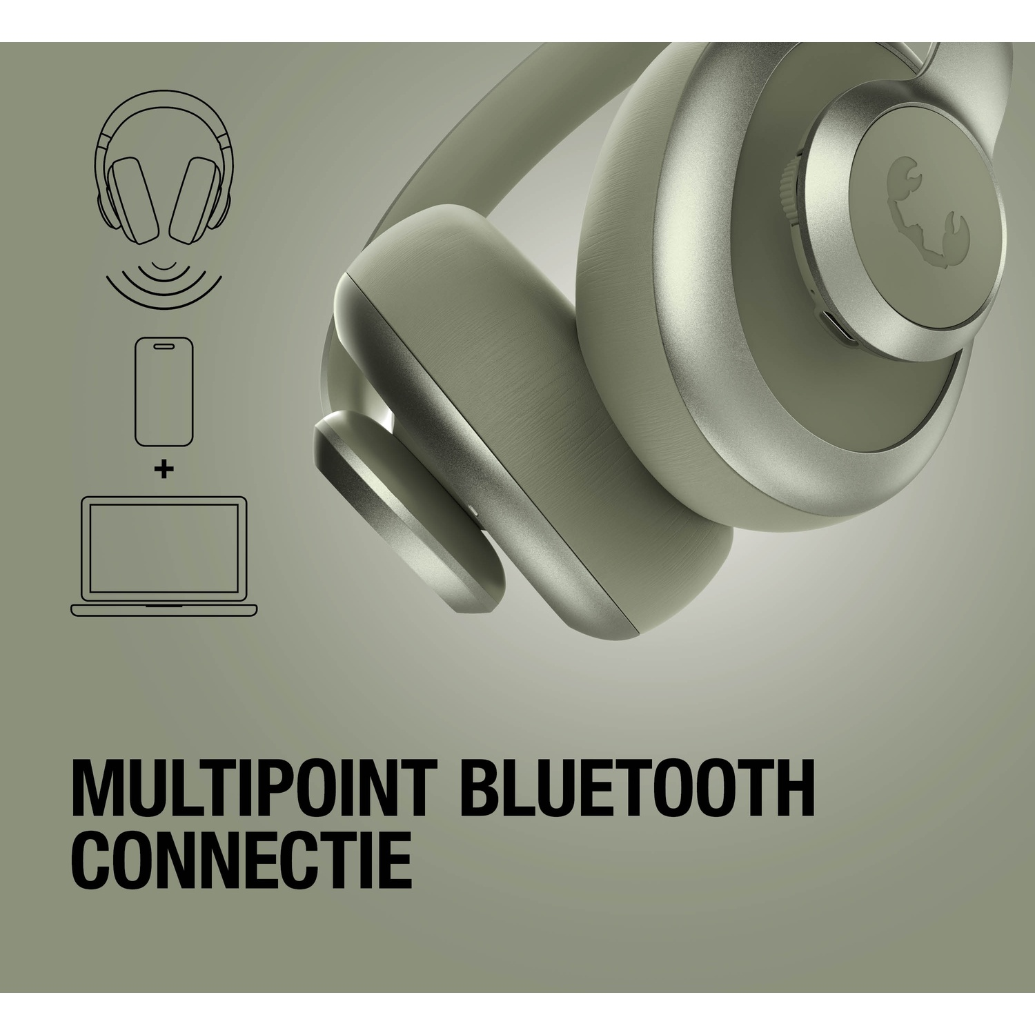 Grijze koptelefoon met Bluetooth-iconen voor telefoon en laptop.