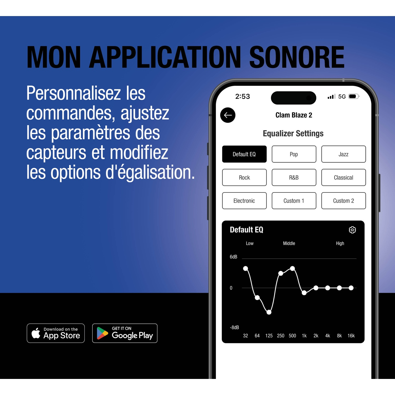 App-scherm met equalizerinstellingen en frequentiegrafiek.