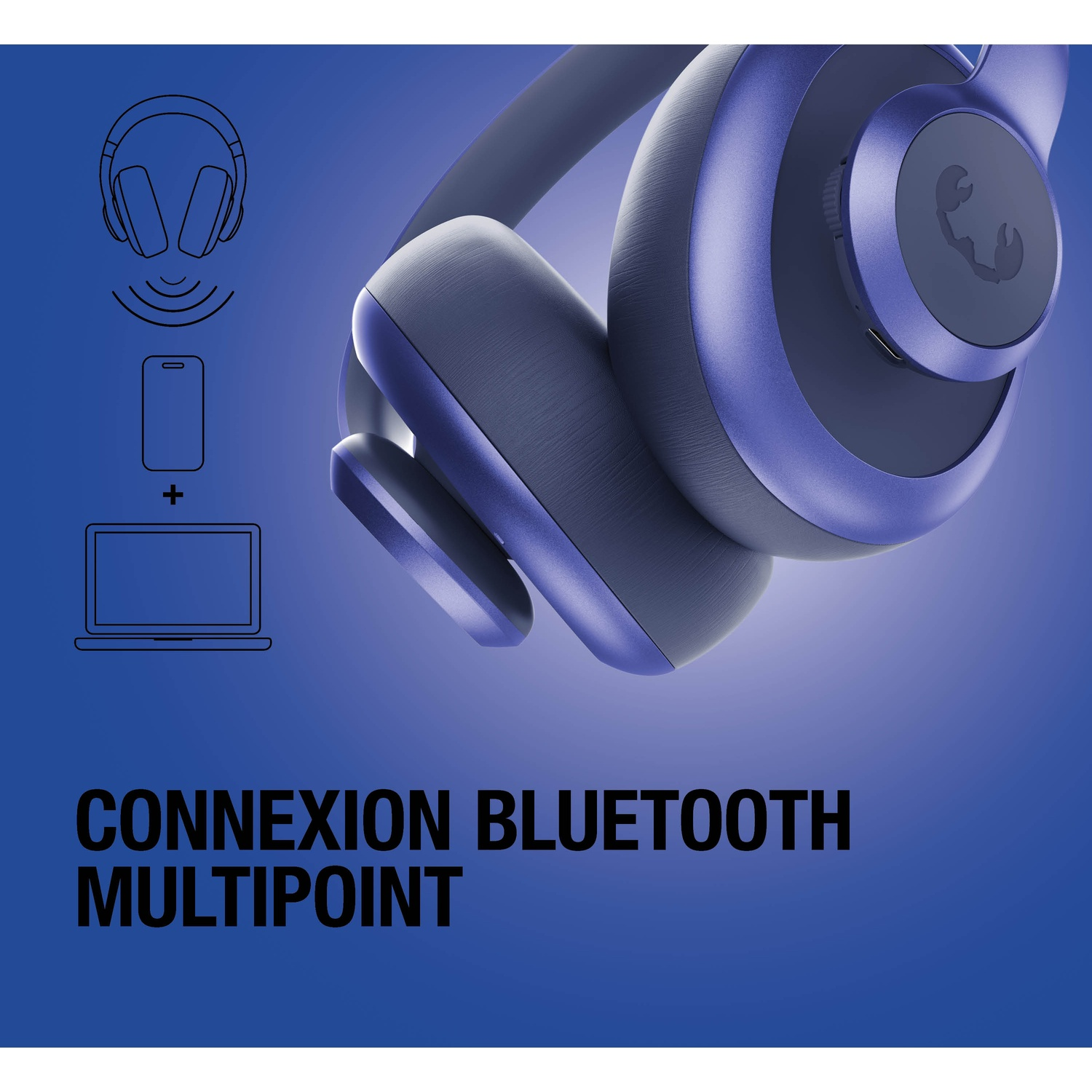 Blauwe koptelefoon met Bluetooth-pictogrammen voor telefoon en laptop.