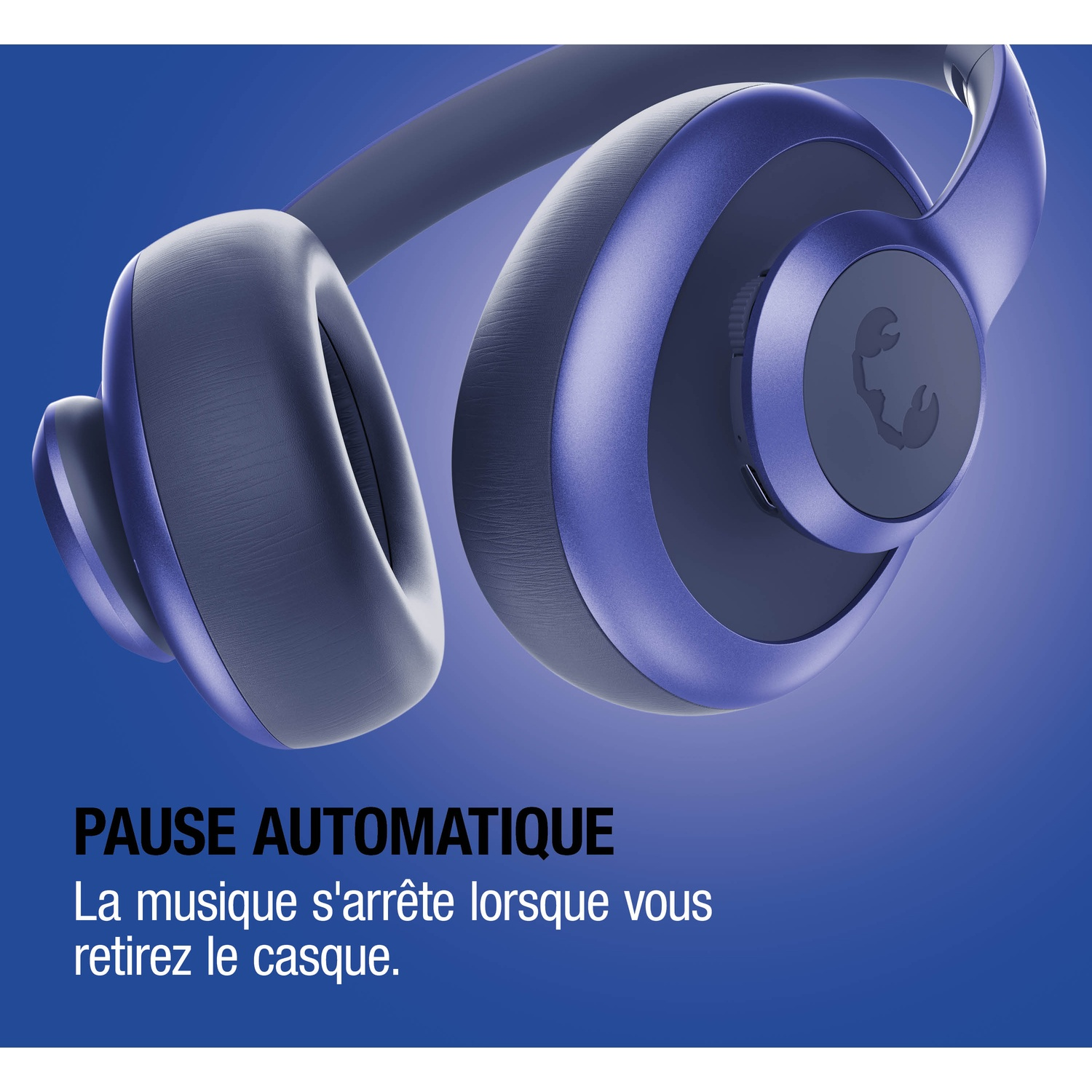 Casque bleu avec logo sur fond bleu. Texte : Pause automatique.