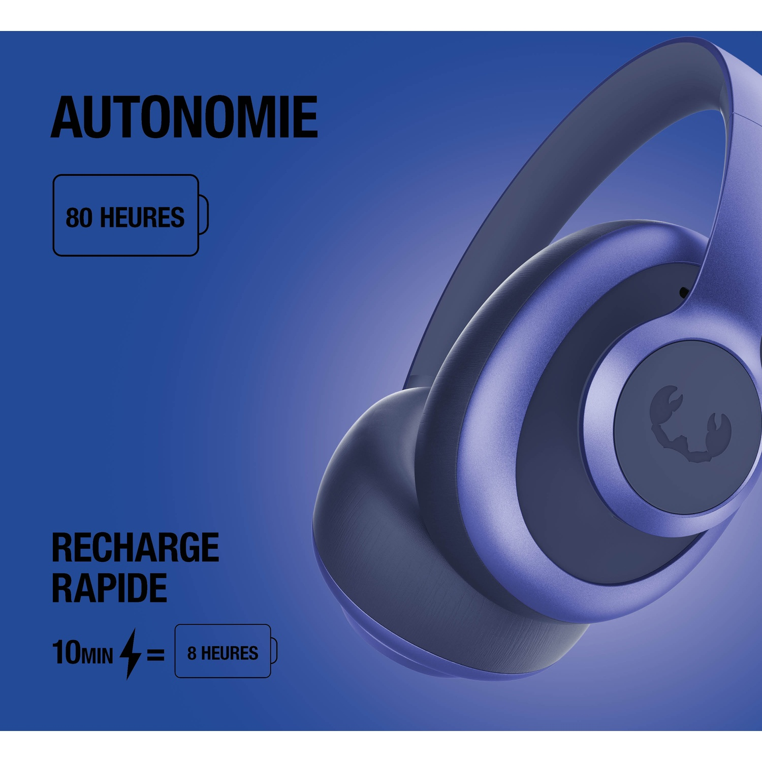 Casque violet avec texte : 80 heures d'autonomie, 10 min charge rapide = 8h.
