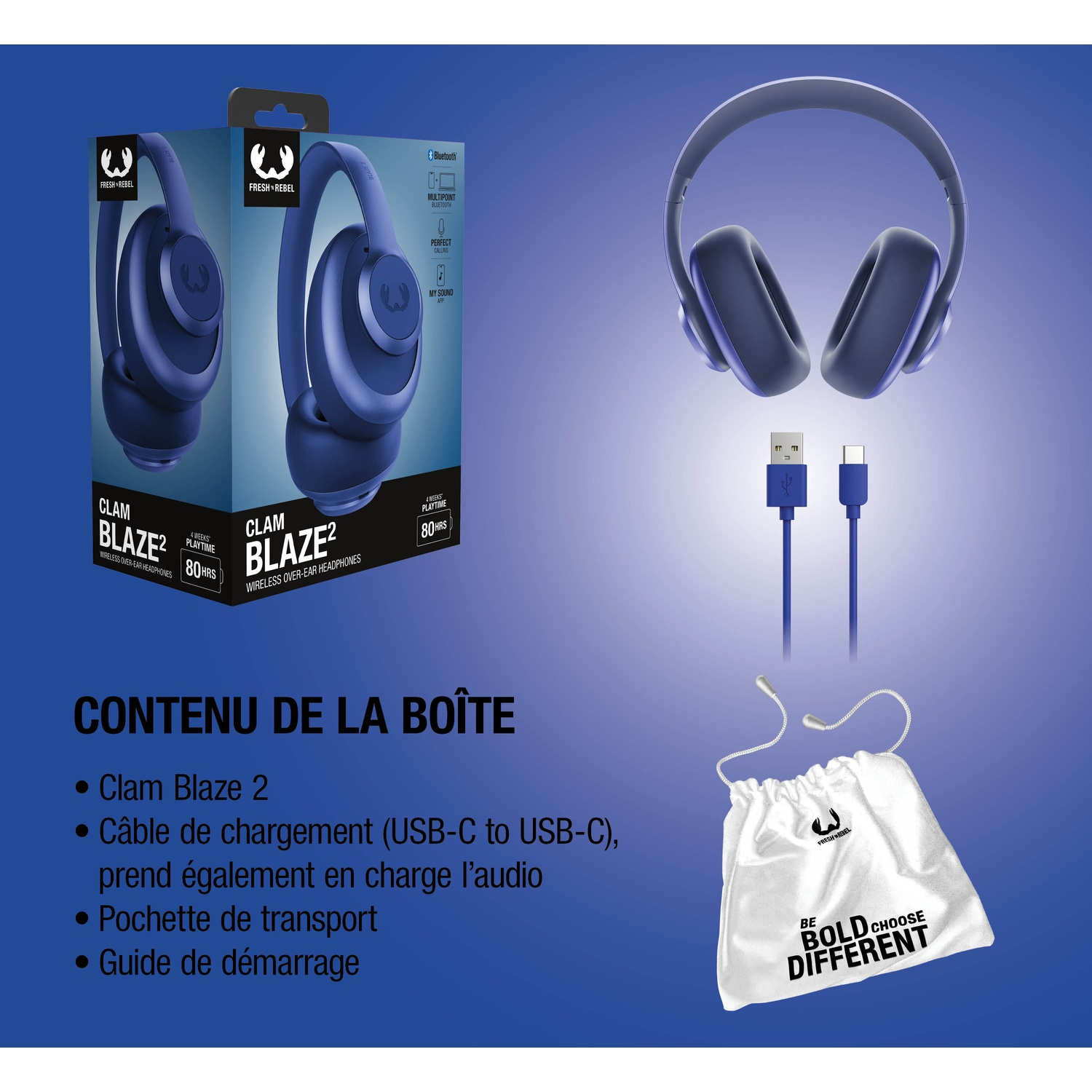 Casque Fresh Rebel bleu, câble de chargement et pochette.