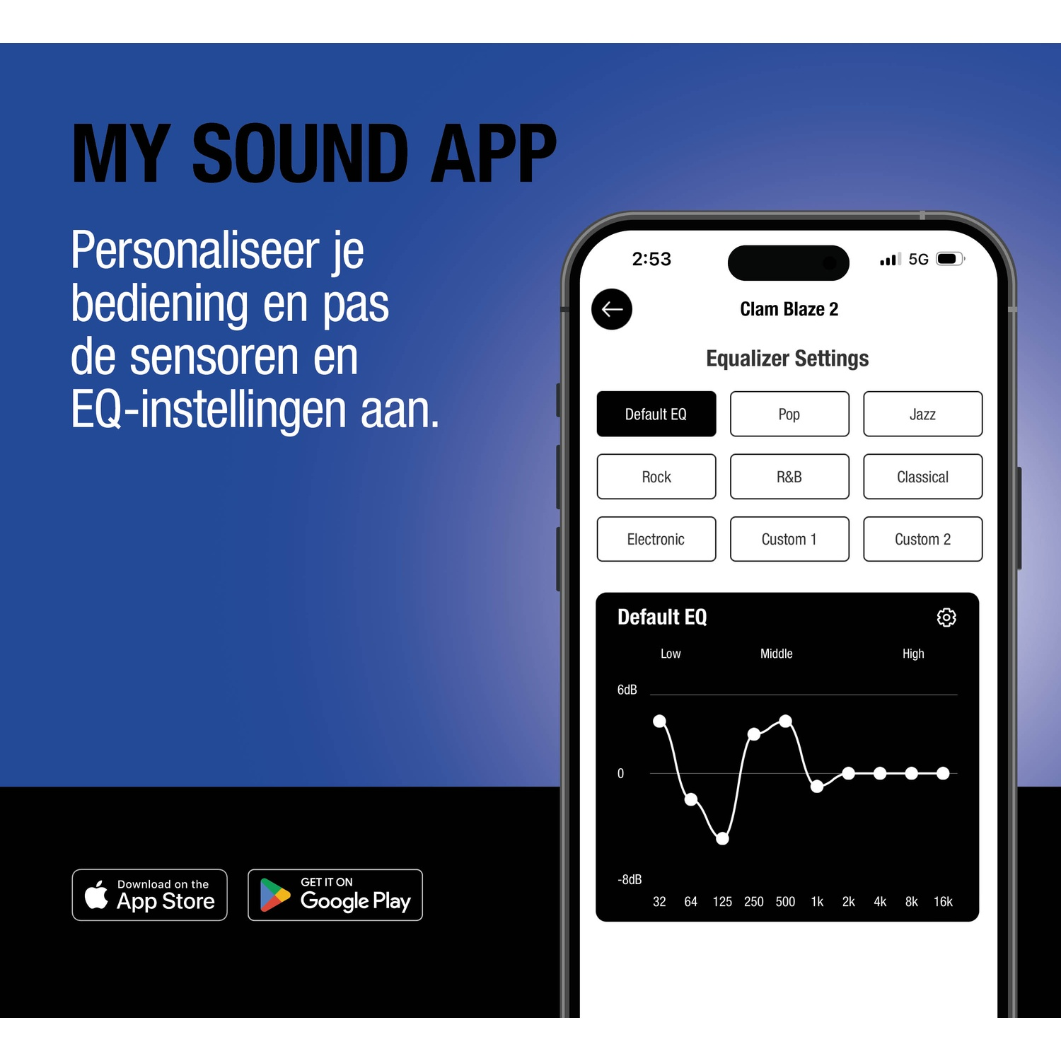 App-scherm met equalizerinstellingen voor Clam Blaze 2 met EQ-grafiek.