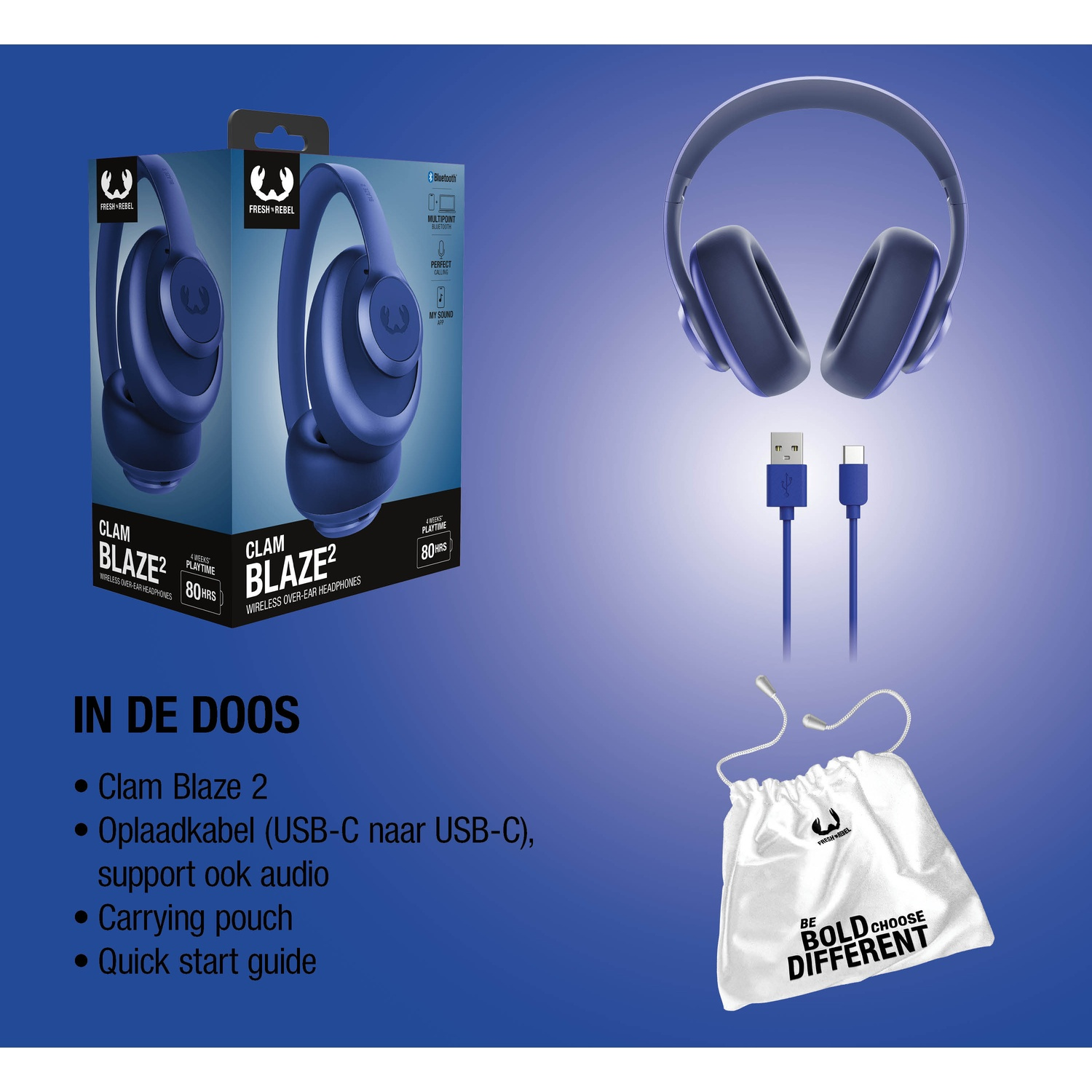Blauwe koptelefoon met oplaadkabels en etui. Doos toont details en inhoud.