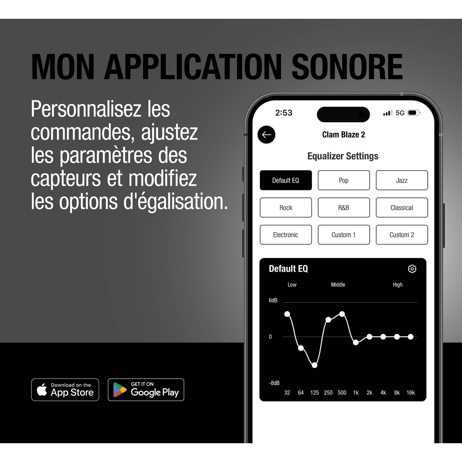 Écran de téléphone affiche les réglages d'égaliseur avec graphique. Logos App Store et Google Play.