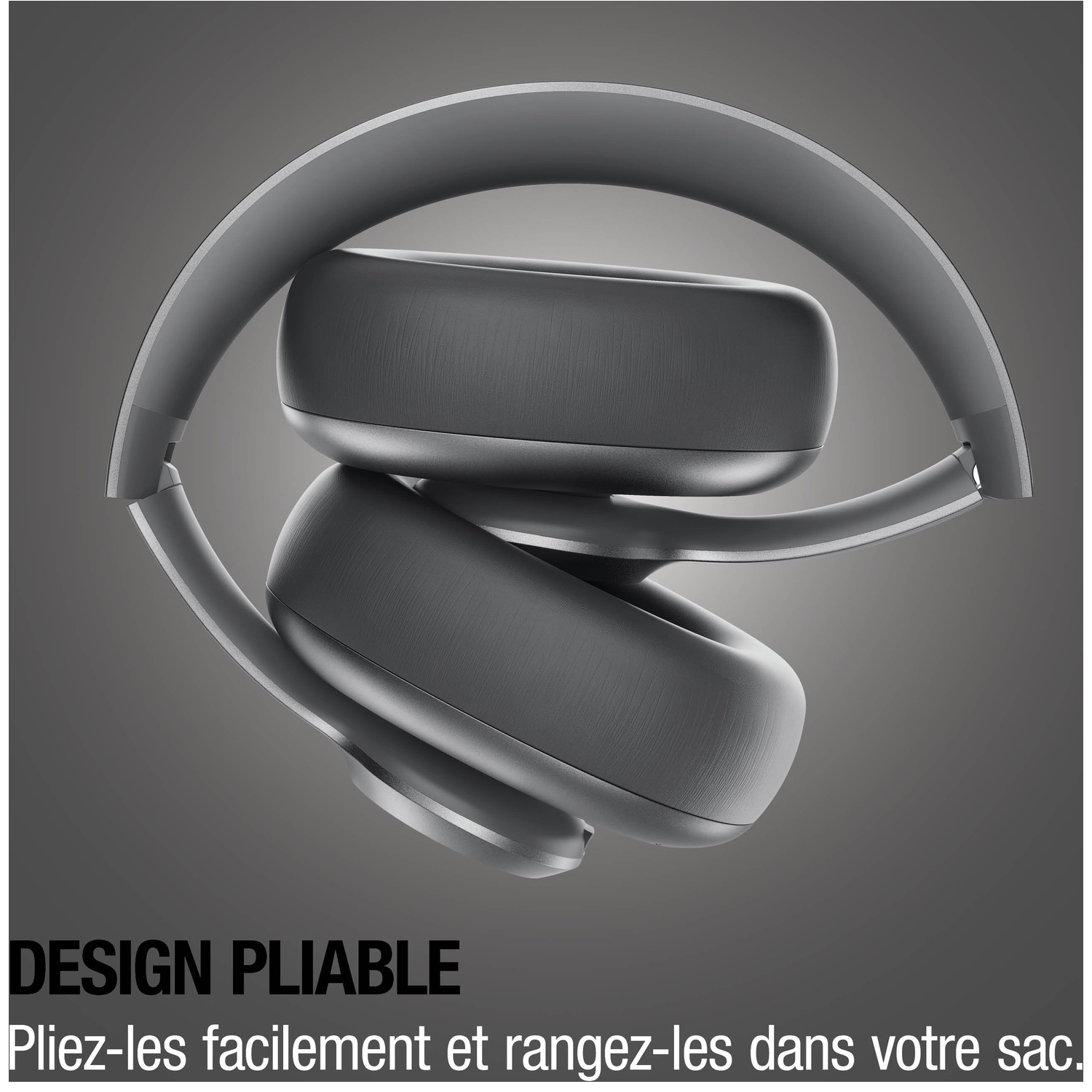 Casque pliable gris sur fond gris. Lignes épurées.