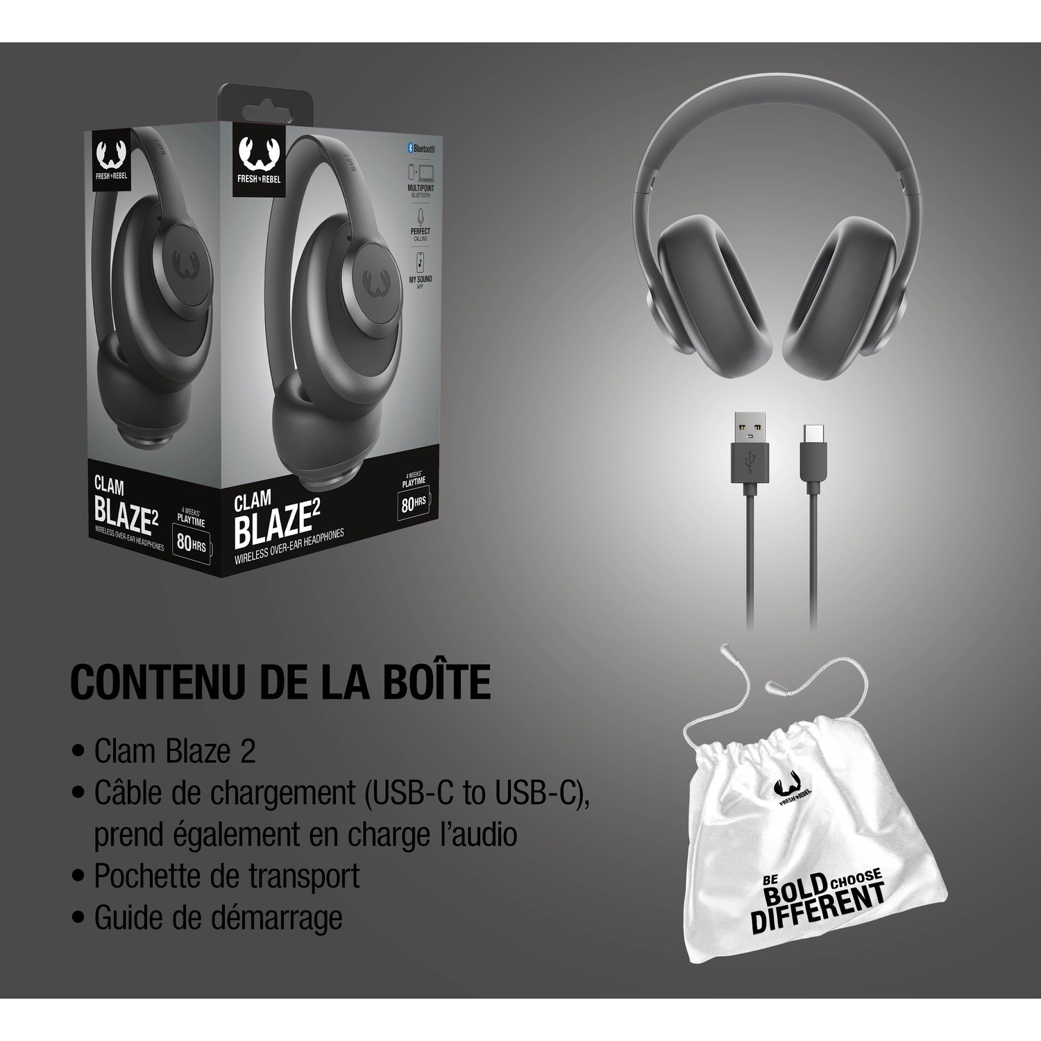 Casque sans fil noir avec câble de chargement et pochette présentés sur fond gris.