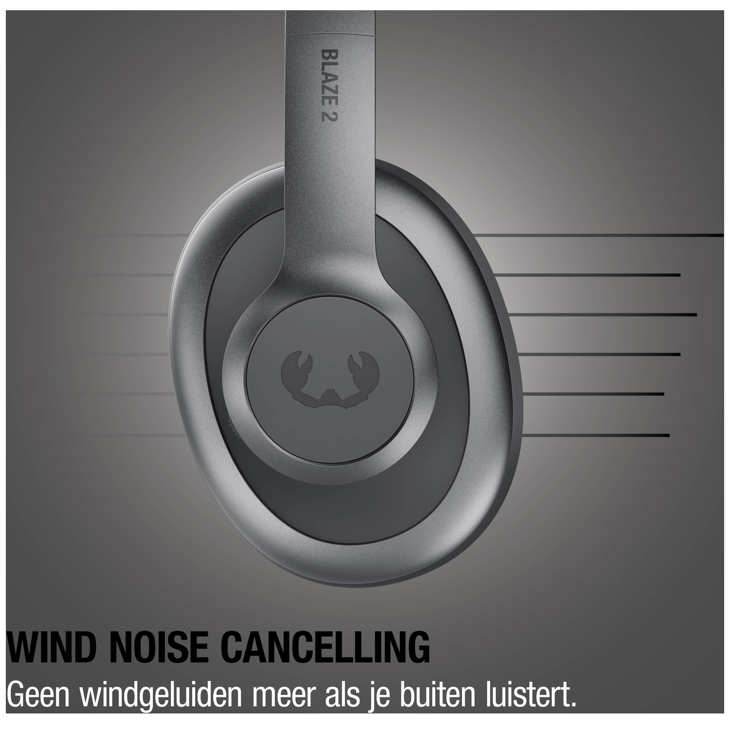 Grijze koptelefoon met logo, tekst "BLAZE 2" en "WIND NOISE CANCELLING".