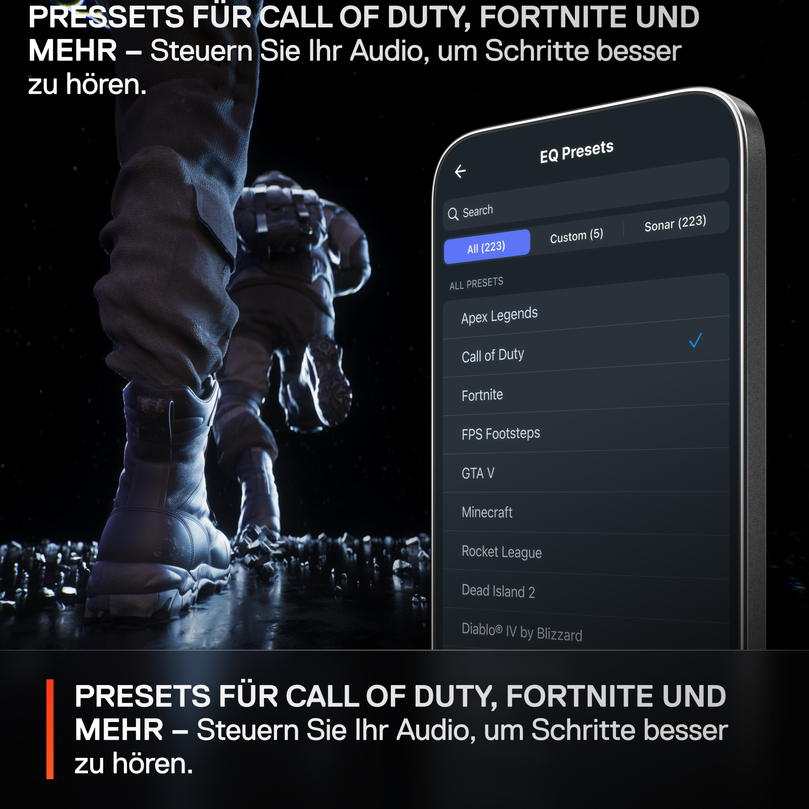 Ein Smartphone zeigt EQ-Voreinstellungen für Spiele wie Call of Duty.