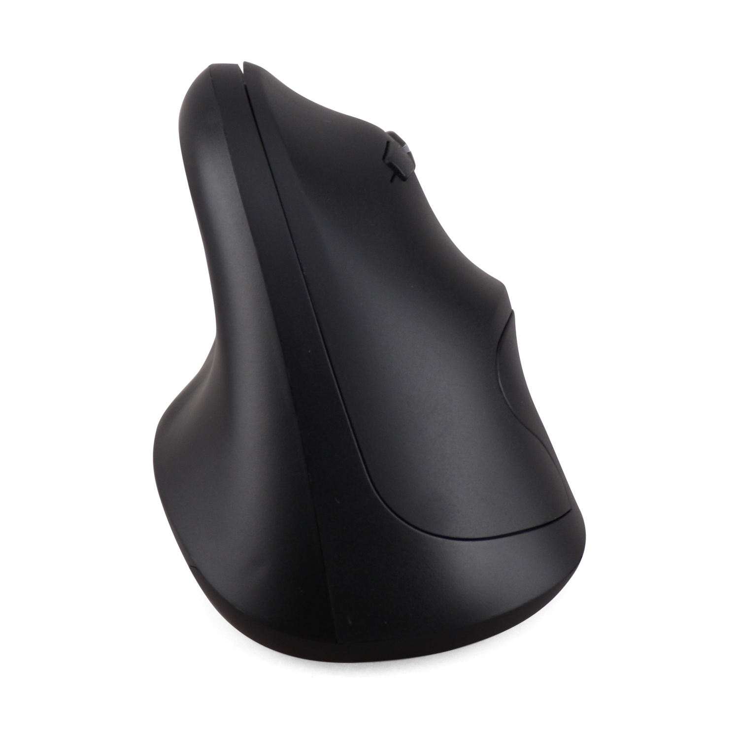 Un mouse verticale ergonomico nero con rotellina e pulsanti, isolato su sfondo bianco.