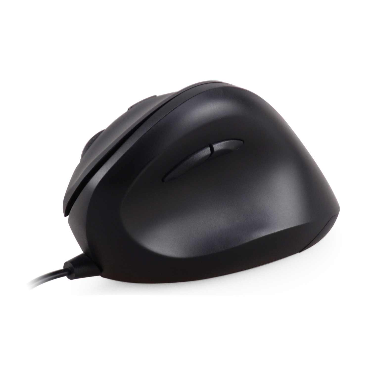 Un mouse ergonomico nero con cavo su sfondo bianco.