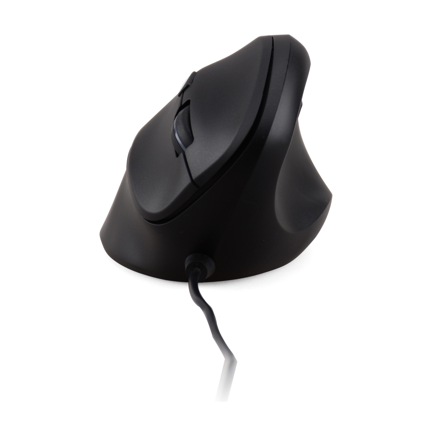 Mouse verticale nero con cavo, su sfondo bianco.