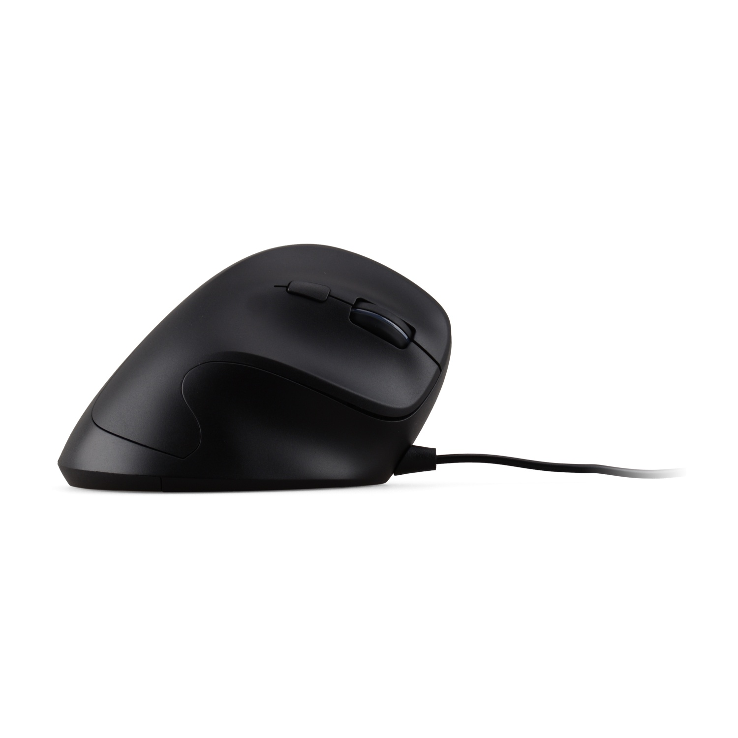 Mouse verticale nero per computer con cavo su sfondo bianco.