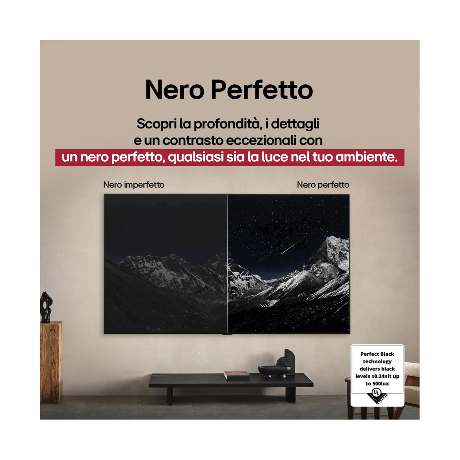 Confronto TV: nero imperfetto a sinistra, nero perfetto a destra, con paesaggio montano.