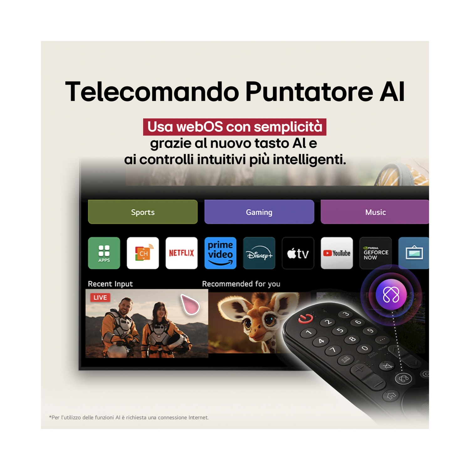 Lo schermo mostra un'interfaccia Smart TV con app come Netflix e YouTube.