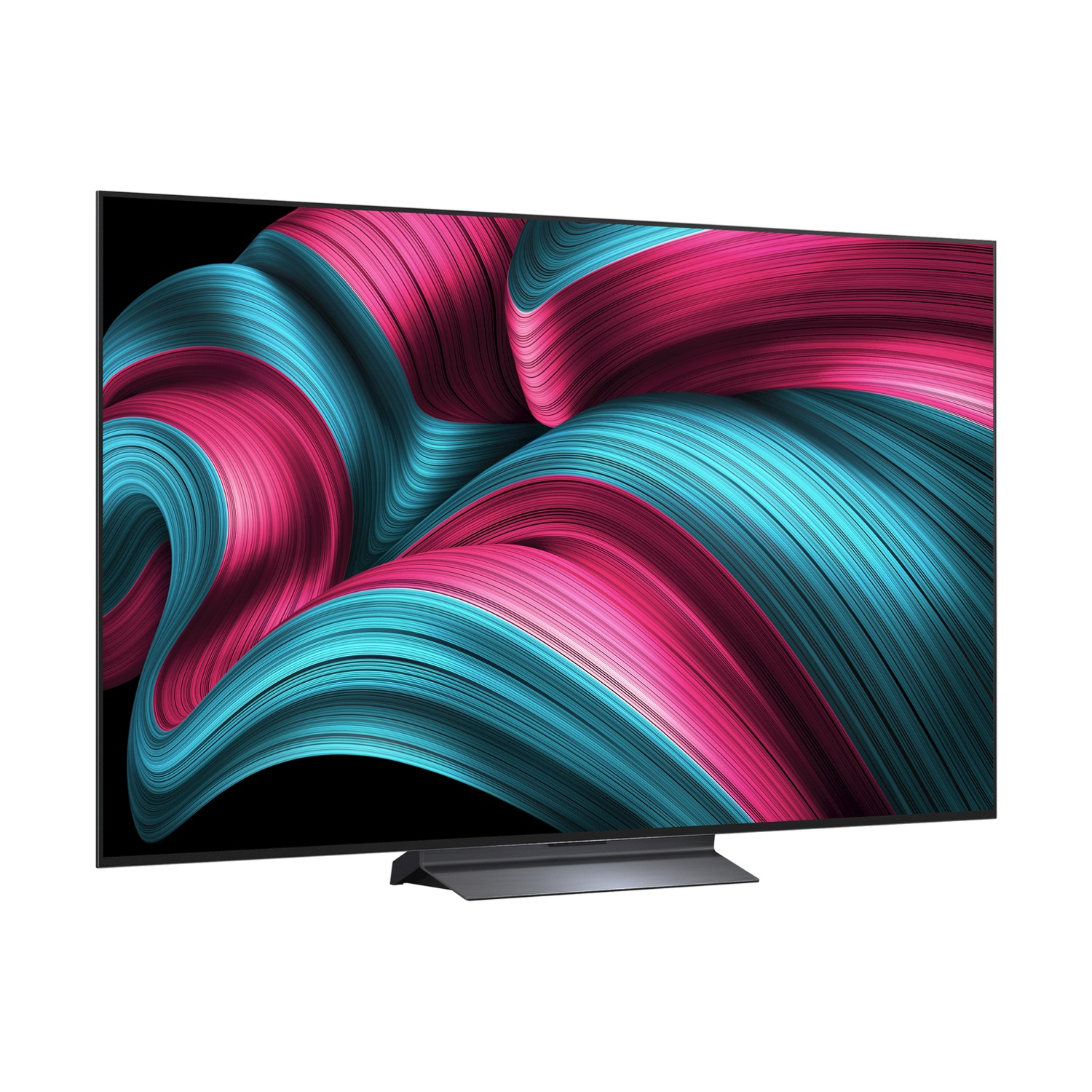 Televisore moderno con motivi astratti rosa e blu sullo schermo, su un supporto semplice.