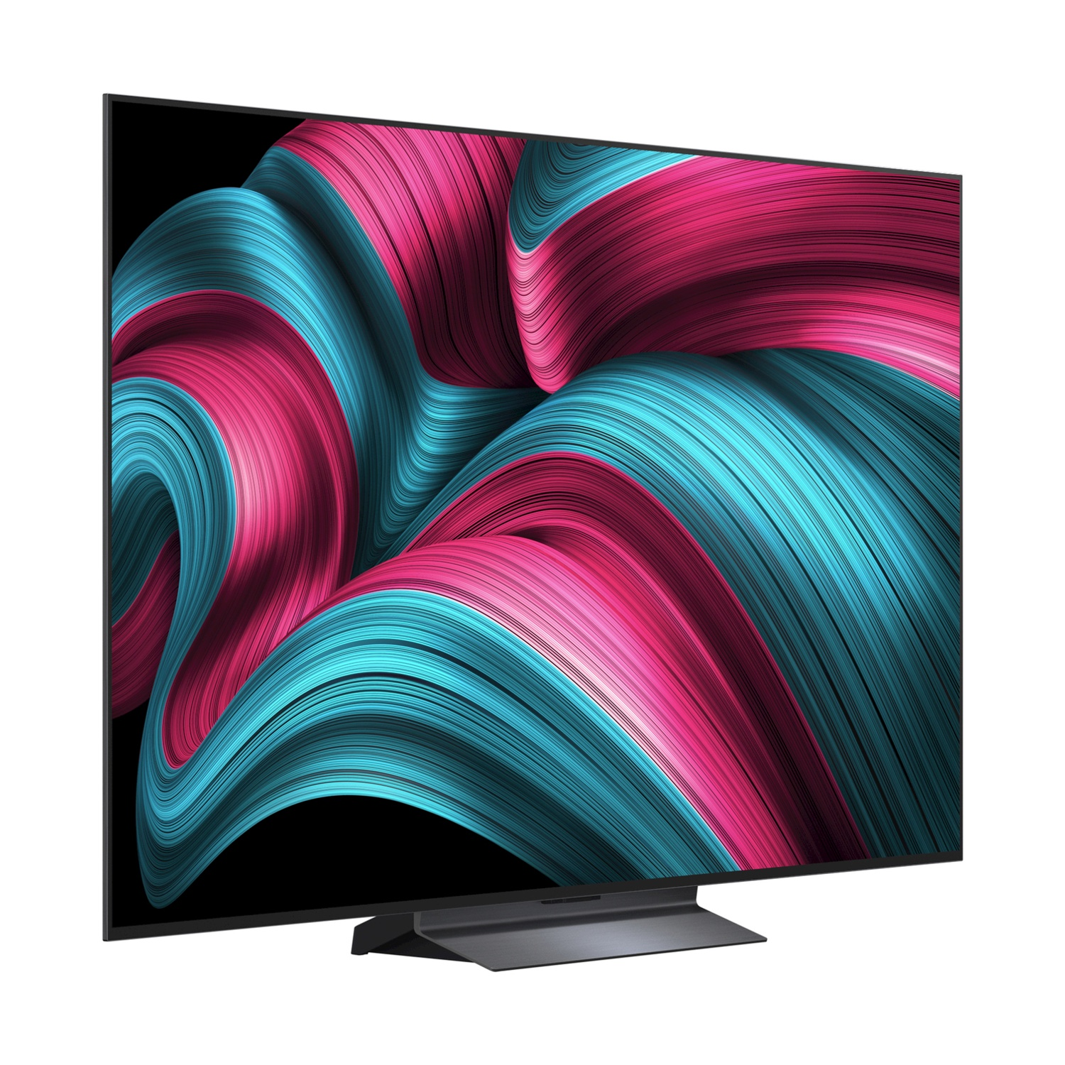 Un televisore moderno con un motivo astratto e fluido in rosa e turchese sullo schermo.