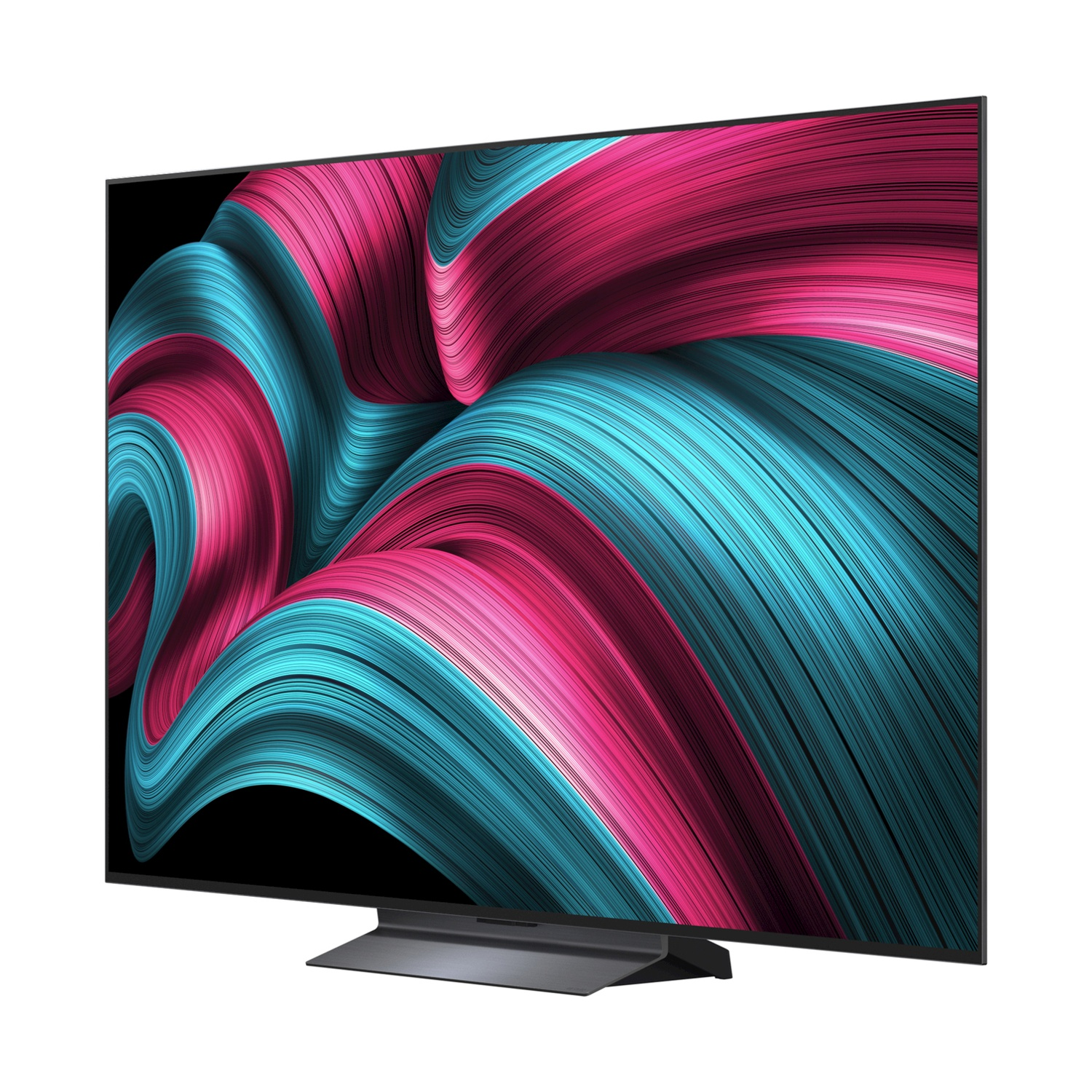 Una TV moderna a schermo piatto mostra un motivo astratto e fluido in blu e rosa.