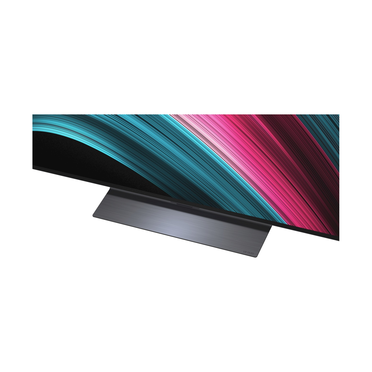 Una TV moderna con base scura e un motivo astratto colorato sullo schermo.