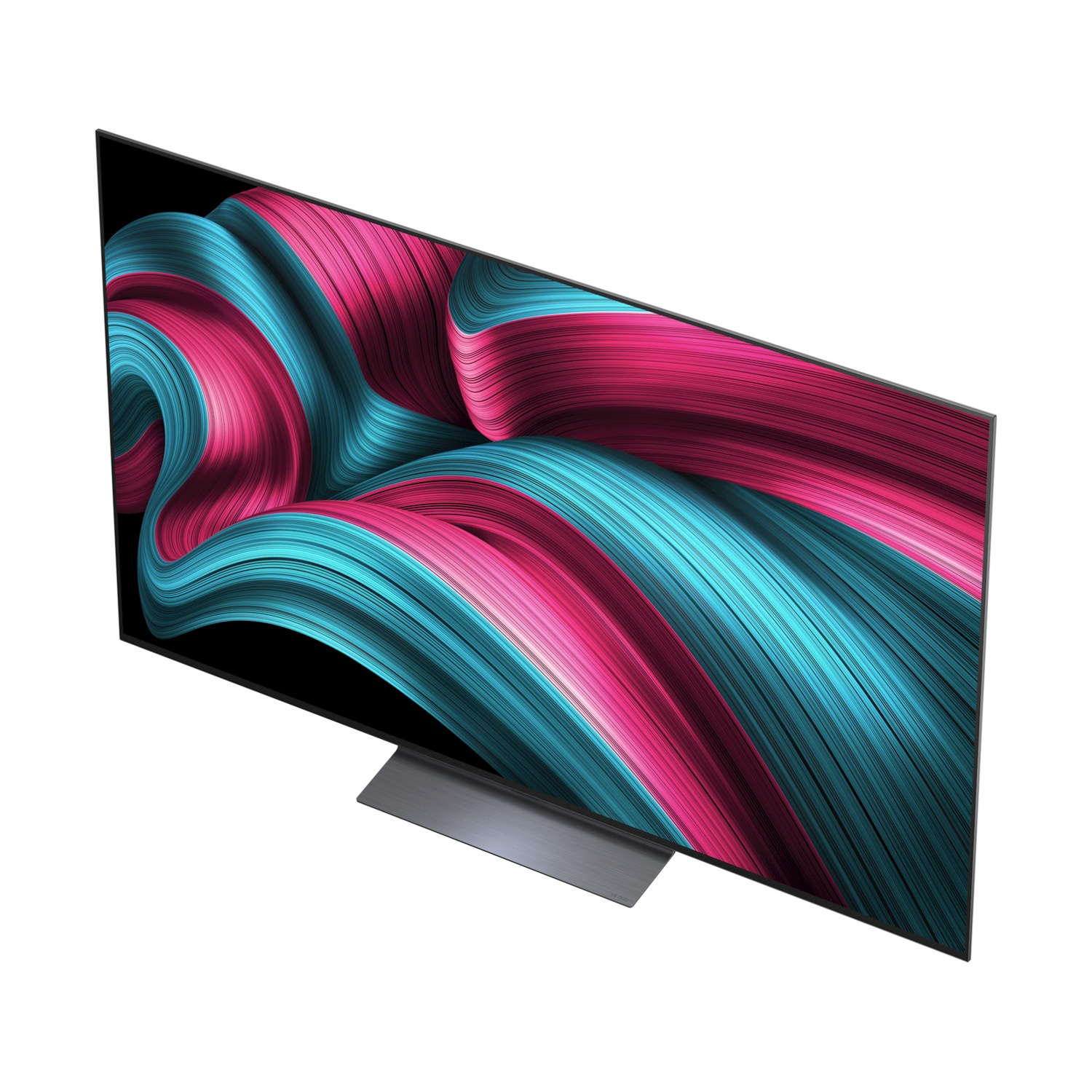 Un televisore moderno che mostra un motivo astratto e fluente in blu e rosa.