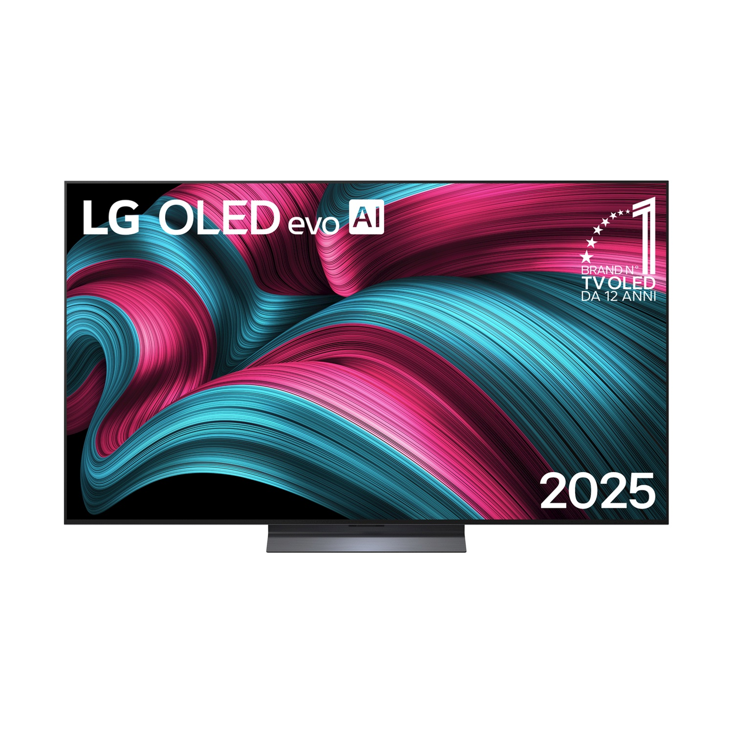 Una TV LG OLED evo AI con motivo astratto e l'anno 2025.